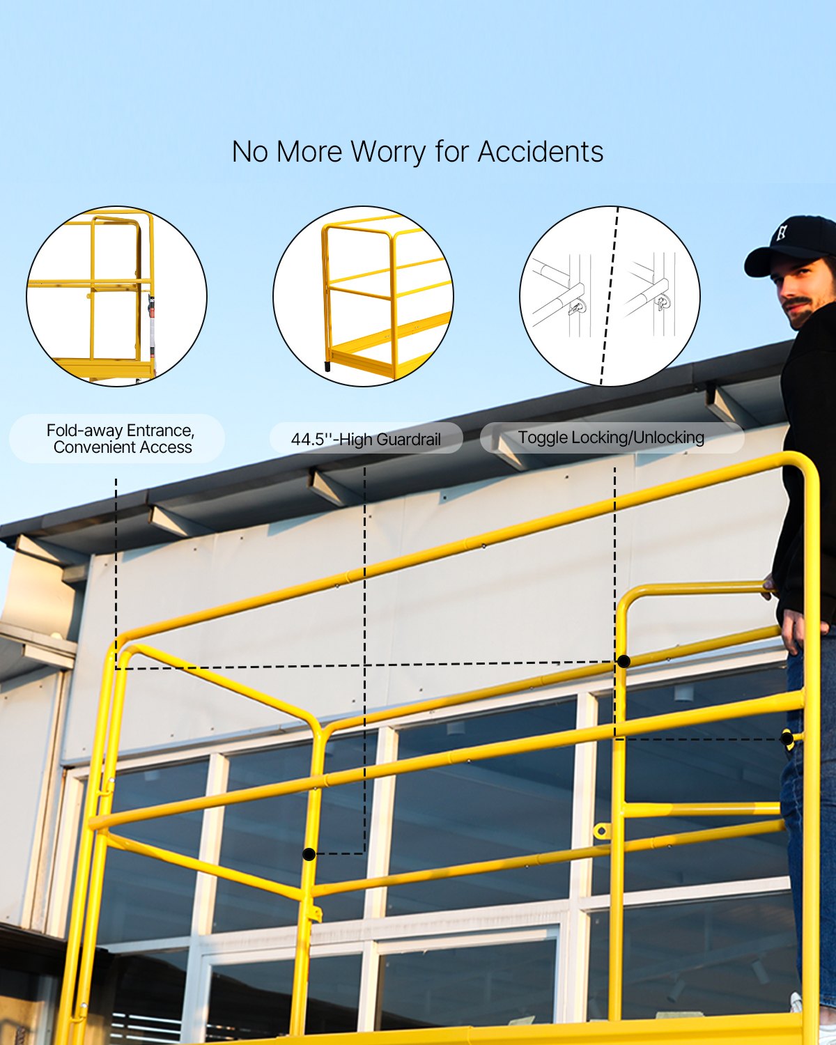 6-Foot Rustproof Carbon Steel Scaffolding Guardrail, 55.4 lbs Capacity, Baker Style Safety Rail for Yellow Scaffold Platforms