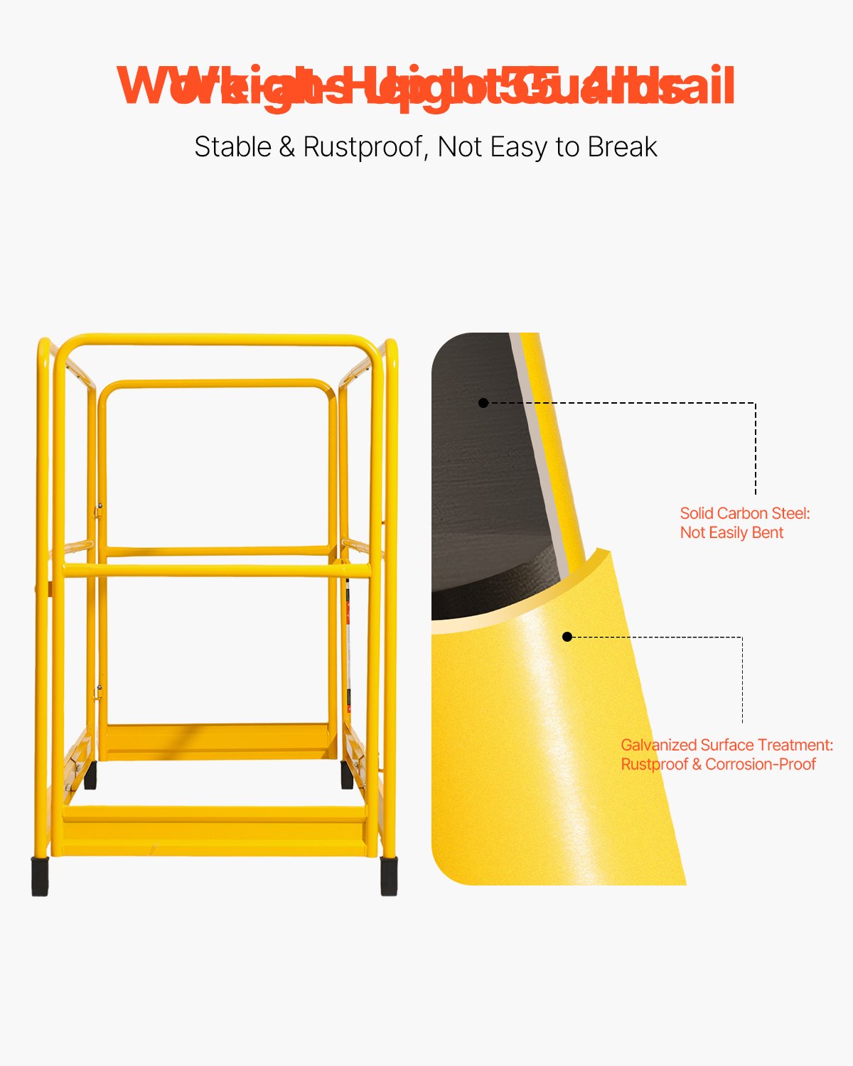 6-Foot Rustproof Carbon Steel Scaffolding Guardrail, 55.4 lbs Capacity, Baker Style Safety Rail for Yellow Scaffold Platforms