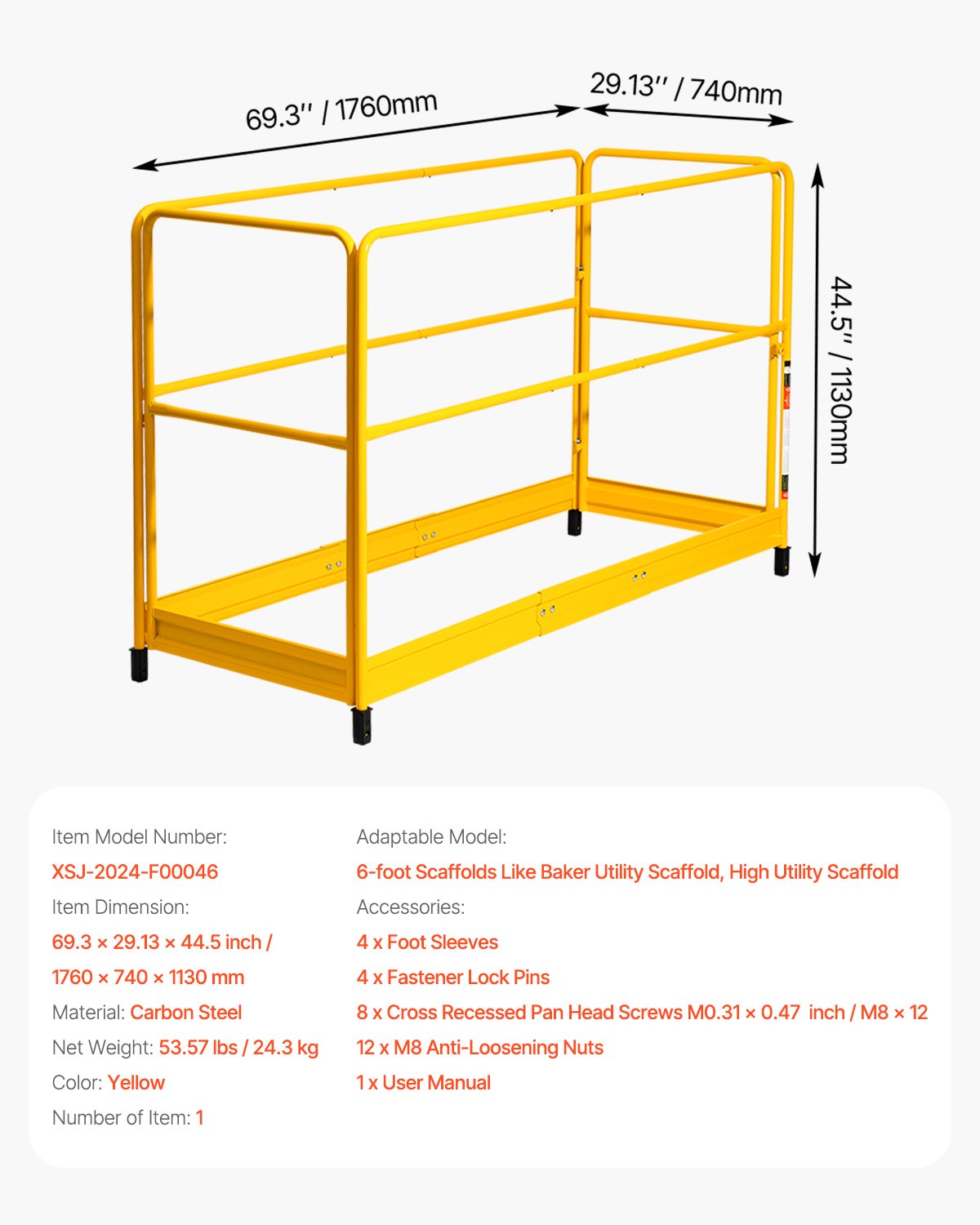 6-Foot Rustproof Carbon Steel Scaffolding Guardrail, 55.4 lbs Capacity, Baker Style Safety Rail for Yellow Scaffold Platforms