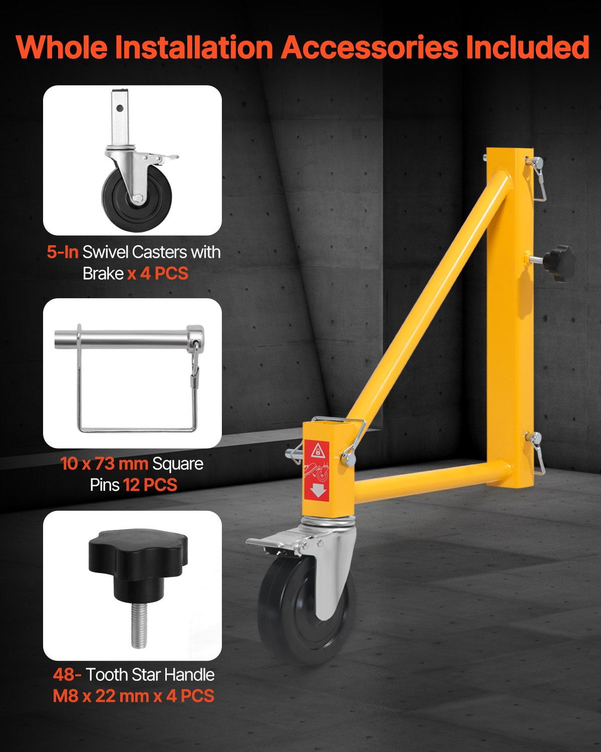 4-Pack Yellow Scaffold Outriggers with Swivel Casters, 1000 lbs Capacity, Rust-Proof Carbon Steel for Baker-Style Scaffolding Systems