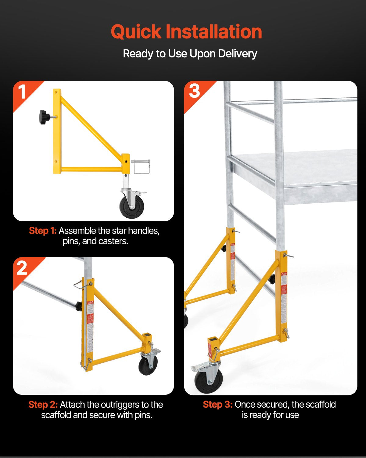 4-Pack Yellow Scaffold Outriggers with Swivel Casters, 1000 lbs Capacity, Rust-Proof Carbon Steel for Baker-Style Scaffolding Systems