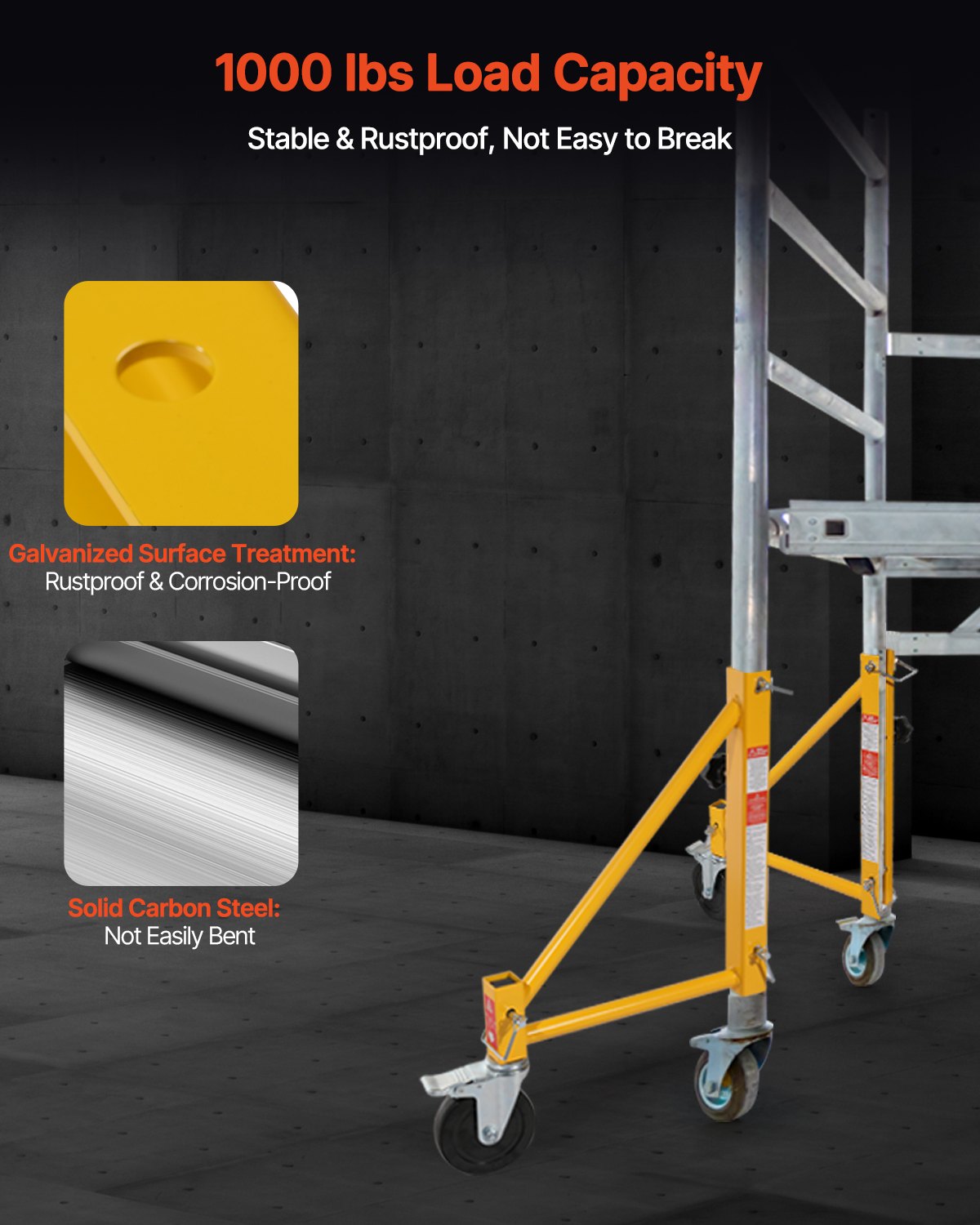 4-Pack Yellow Scaffold Outriggers with Swivel Casters, 1000 lbs Capacity, Rust-Proof Carbon Steel for Baker-Style Scaffolding Systems