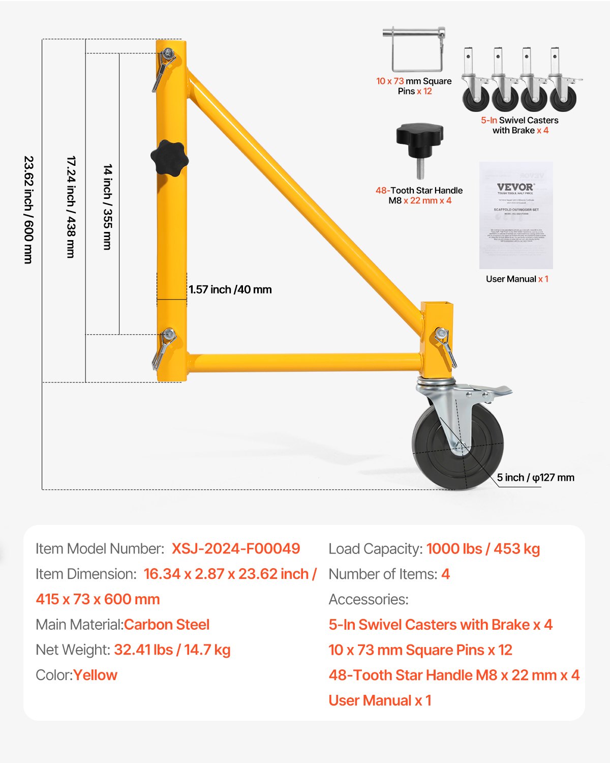 4-Pack Yellow Scaffold Outriggers with Swivel Casters, 1000 lbs Capacity, Rust-Proof Carbon Steel for Baker-Style Scaffolding Systems