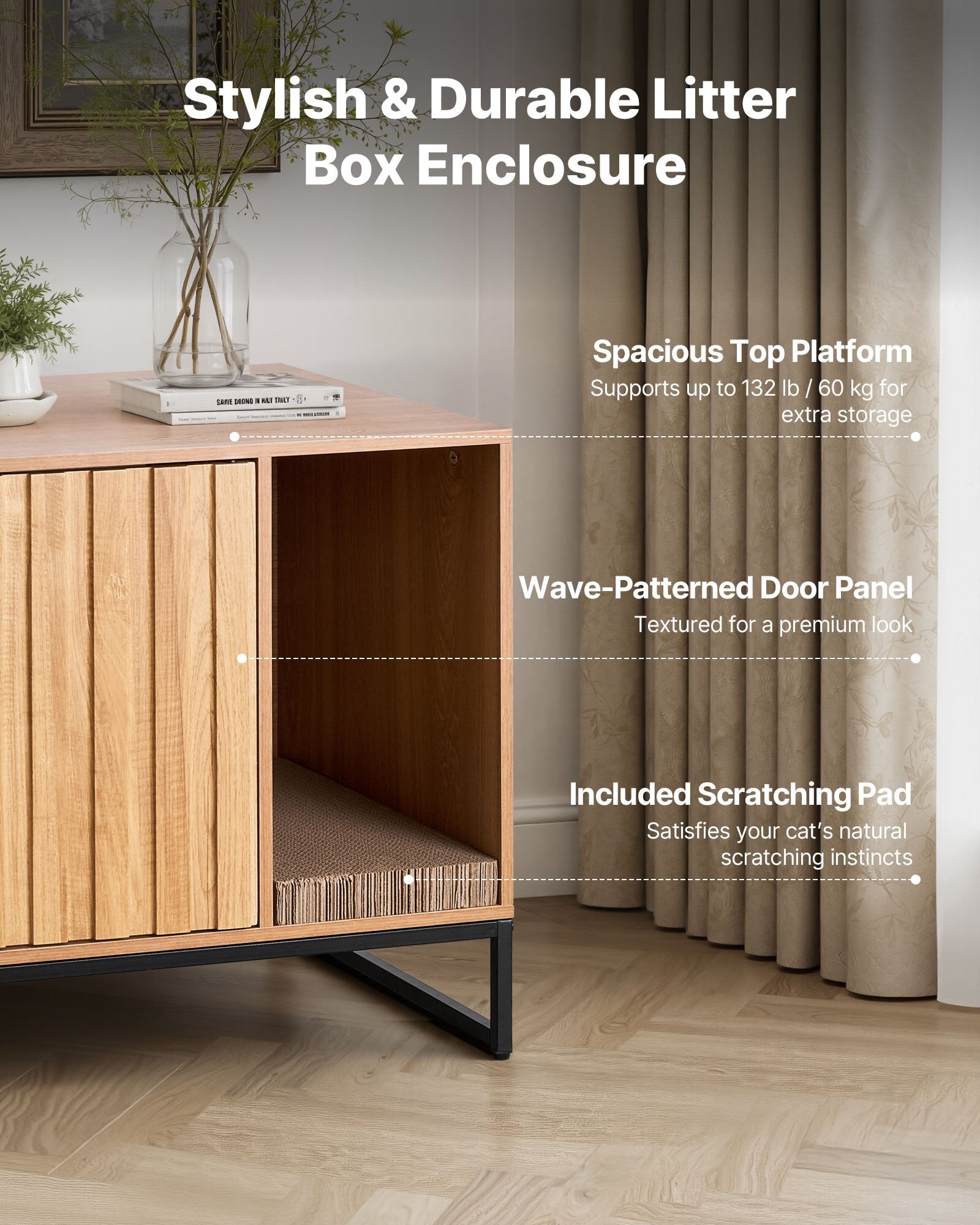31.5" Cat Litter Box Enclosure Cabinet with Scratch Pad, Waterproof Washroom Furniture, Odor-Free Design for Bedroom & Living Room