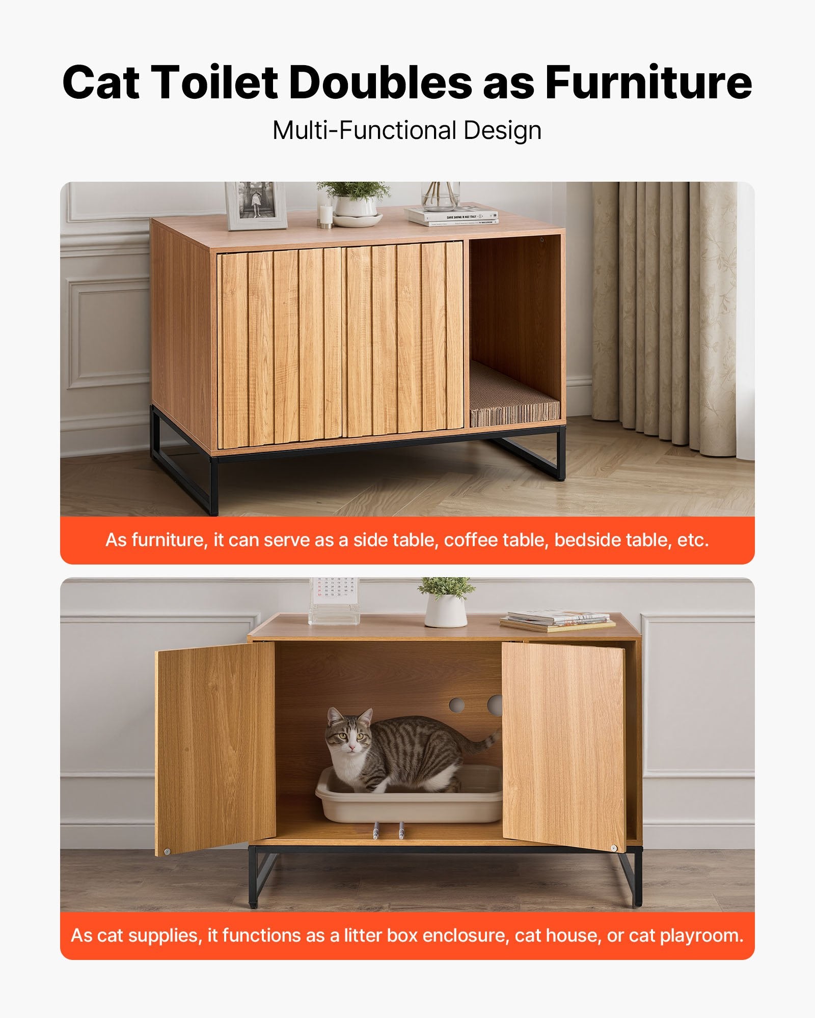 31.5" Cat Litter Box Enclosure Cabinet with Scratch Pad, Waterproof Washroom Furniture, Odor-Free Design for Bedroom & Living Room