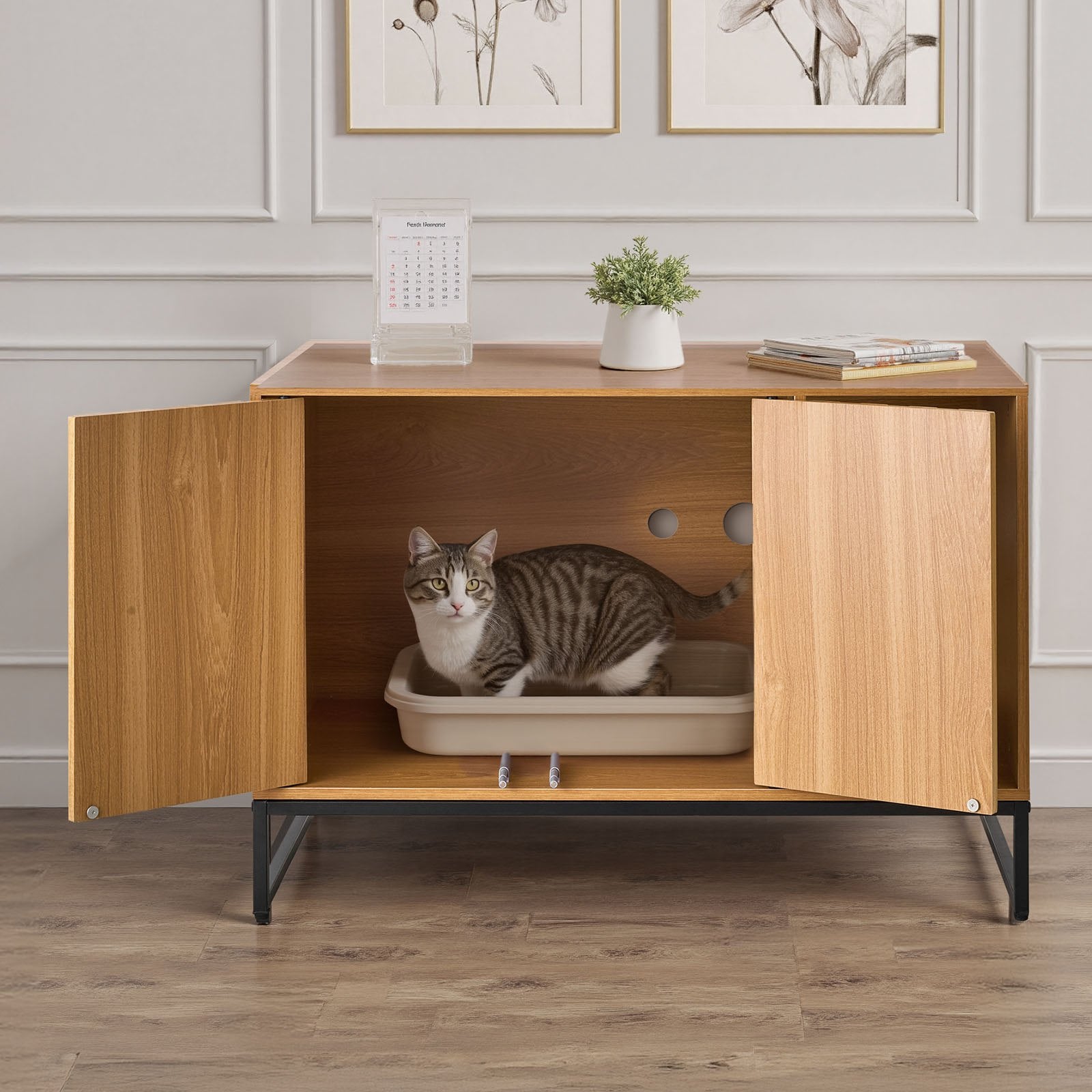 31.5" Cat Litter Box Enclosure Cabinet with Scratch Pad, Waterproof Washroom Furniture, Odor-Free Design for Bedroom & Living Room