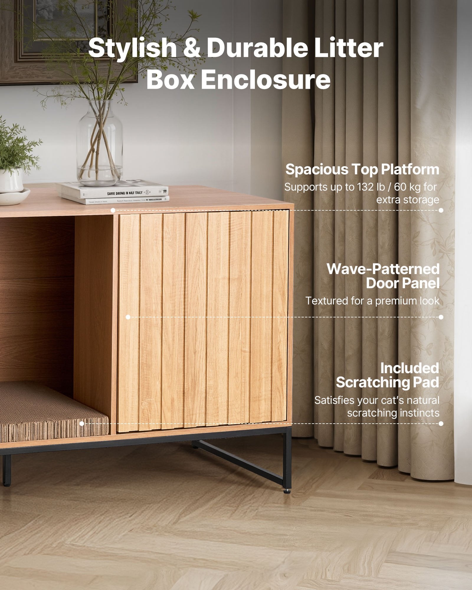Stylish Cat Litter Box Furniture Enclosure, 47.2" Hidden Cabinet with Scratch Pad, Storage & Waterproof End Table for Bedroom & Living Room
