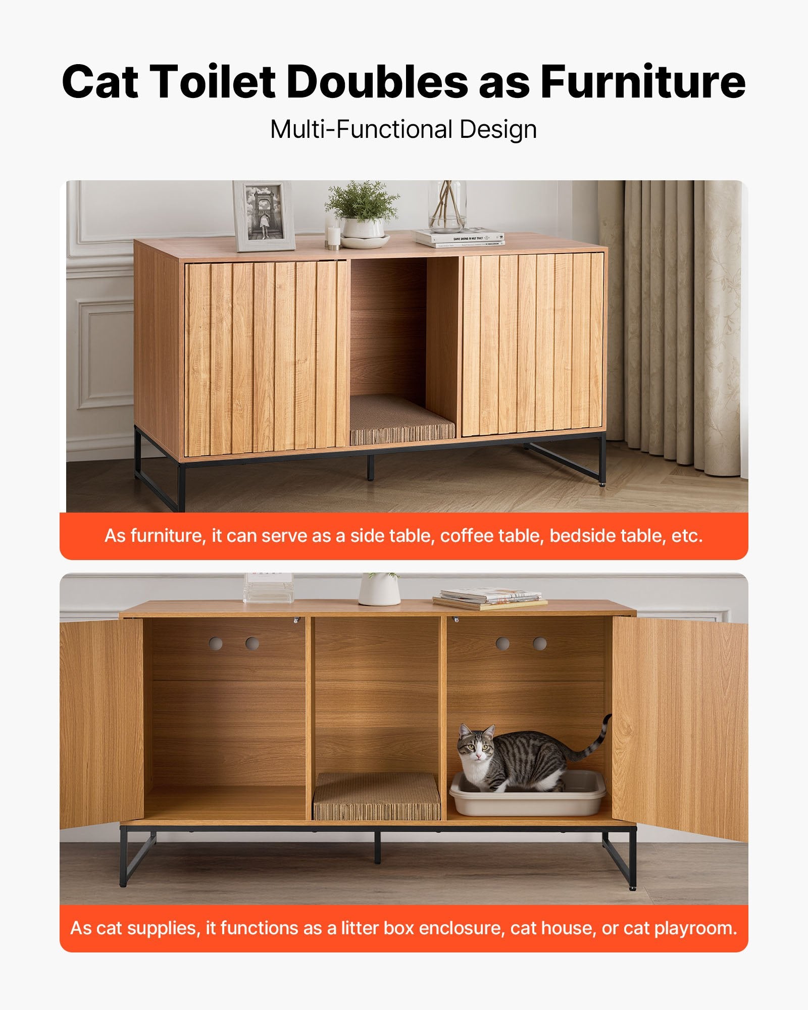 Stylish Cat Litter Box Furniture Enclosure, 47.2" Hidden Cabinet with Scratch Pad, Storage & Waterproof End Table for Bedroom & Living Room