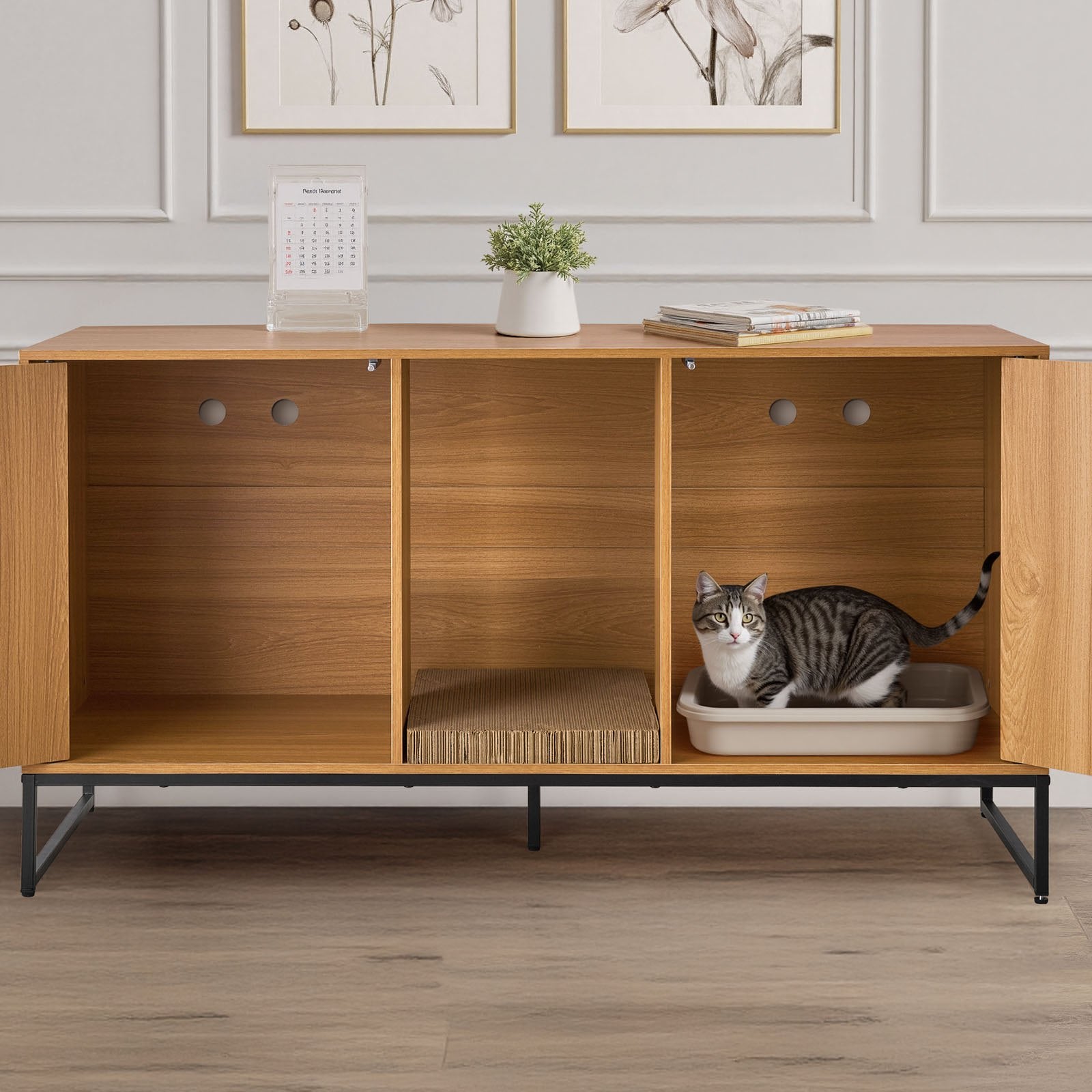 Stylish Cat Litter Box Furniture Enclosure, 47.2" Hidden Cabinet with Scratch Pad, Storage & Waterproof End Table for Bedroom & Living Room