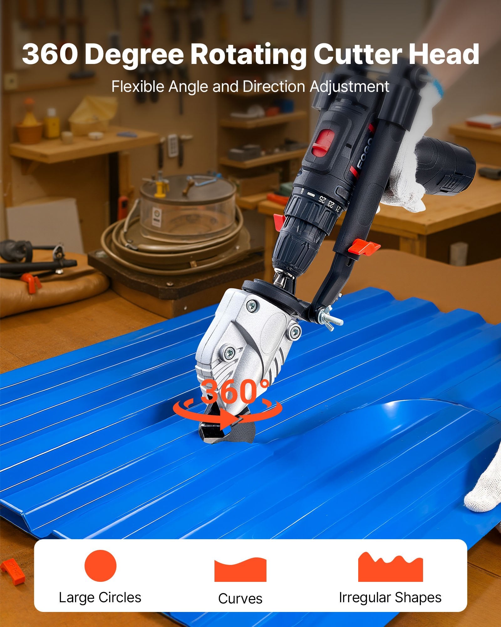 Versatile Metal Shear Drill Attachment - 360° Pivoting Head, Sharp Blades for Steel, Aluminum, Plastic, Cardboard, Easy Install, Reliable Performance