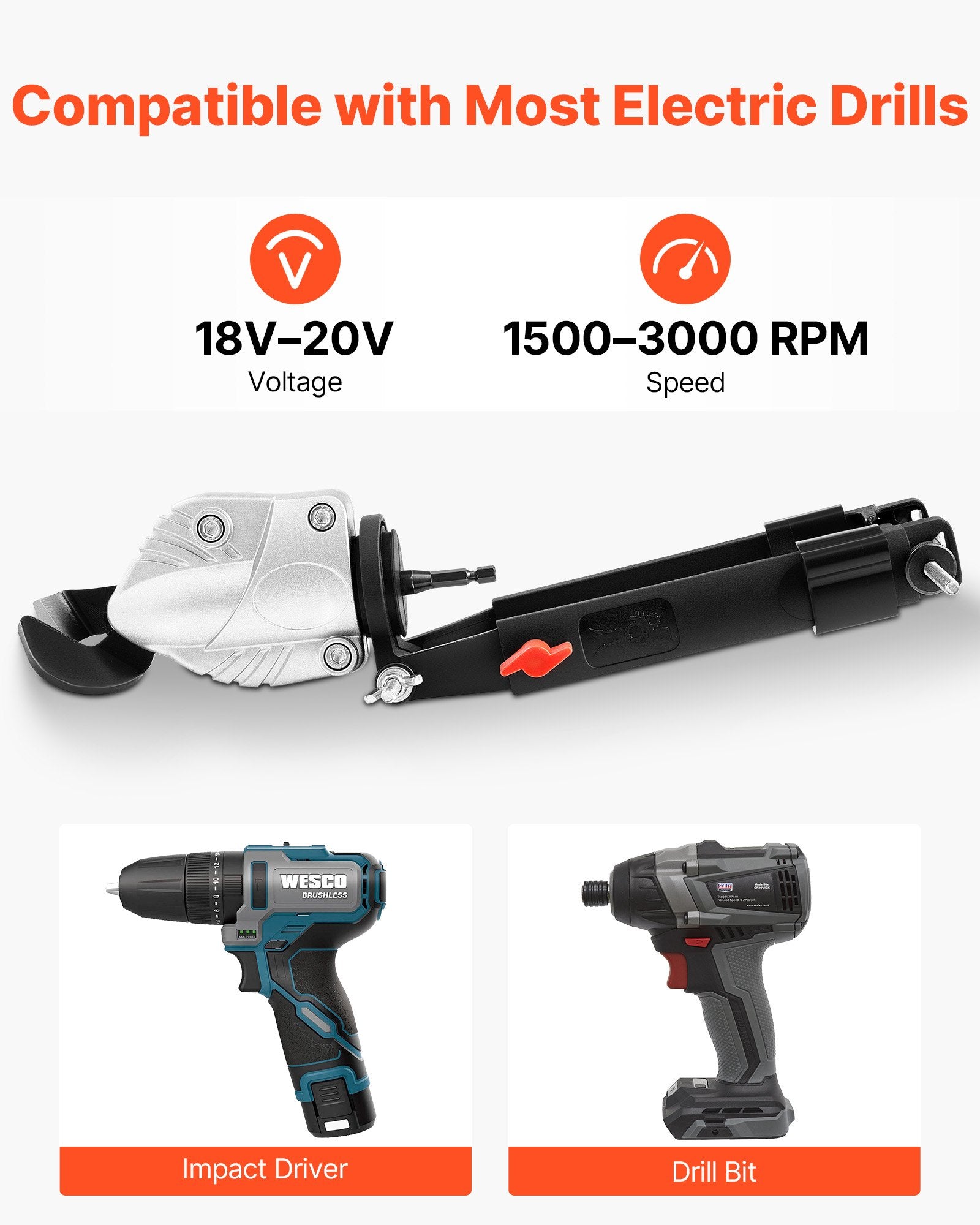 Versatile Metal Shear Drill Attachment - 360° Pivoting Head, Sharp Blades for Steel, Aluminum, Plastic, Cardboard, Easy Install, Reliable Performance