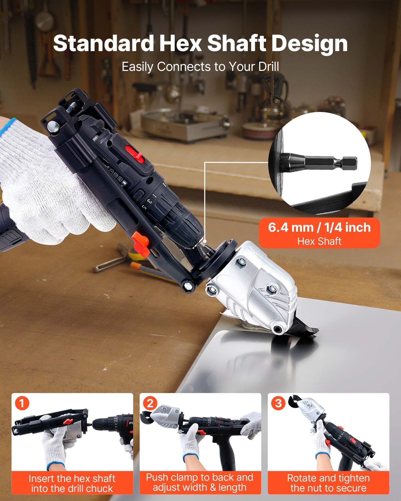 Versatile Metal Shear Drill Attachment - 360° Pivoting Head, Sharp Blades for Steel, Aluminum, Plastic, Cardboard, Easy Install, Reliable Performance