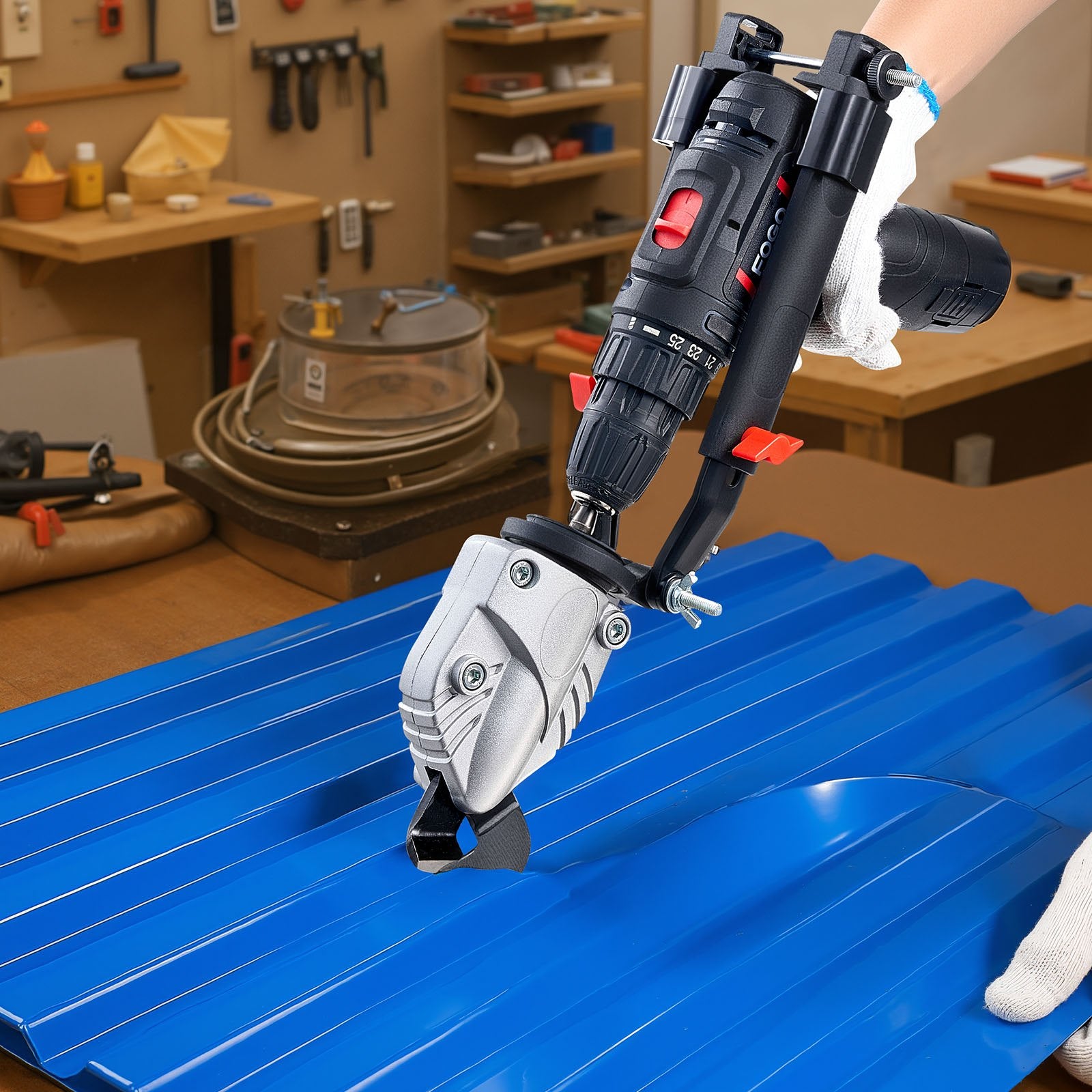 Versatile Metal Shear Drill Attachment - 360° Pivoting Head, Sharp Blades for Steel, Aluminum, Plastic, Cardboard, Easy Install, Reliable Performance