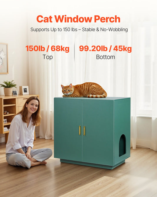 31.5" Cat Litter Box Cabinet with Ventilated Holes - Stylish Wooden Kitty Washroom, Double-Door Enclosure, End Table Furniture for Most Litterboxes