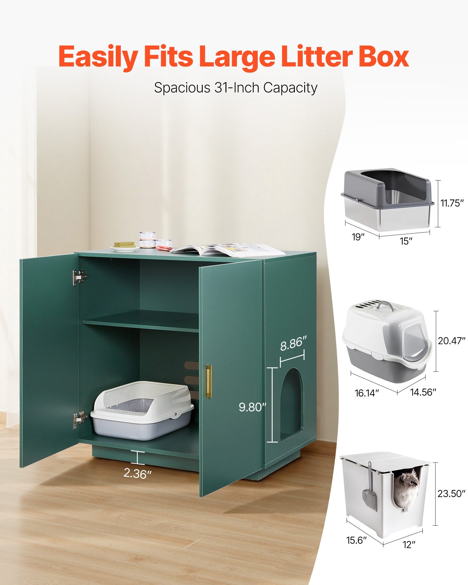 31.5" Cat Litter Box Cabinet with Ventilated Holes - Stylish Wooden Kitty Washroom, Double-Door Enclosure, End Table Furniture for Most Litterboxes