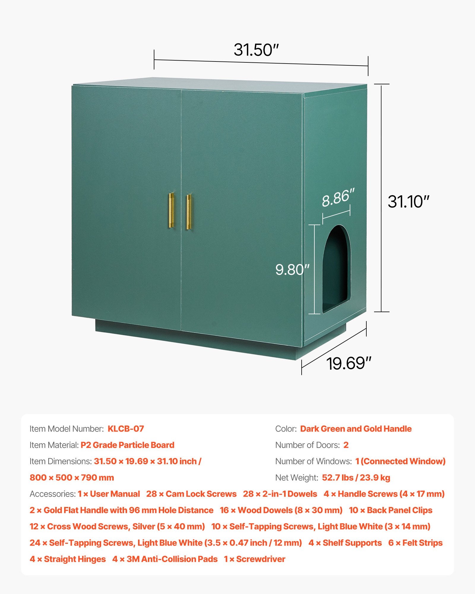 31.5" Cat Litter Box Cabinet with Ventilated Holes - Stylish Wooden Kitty Washroom, Double-Door Enclosure, End Table Furniture for Most Litterboxes