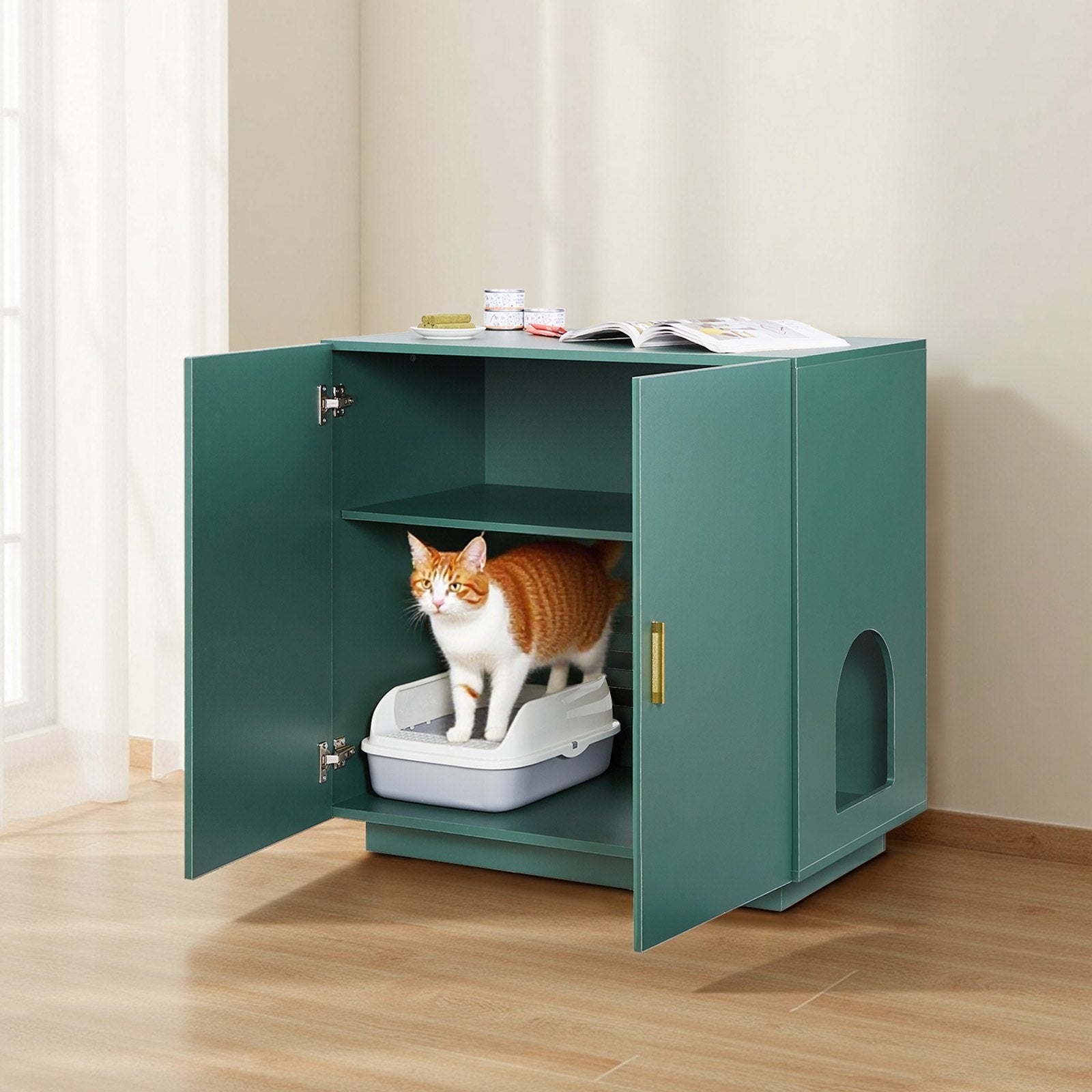 31.5" Cat Litter Box Cabinet with Ventilated Holes - Stylish Wooden Kitty Washroom, Double-Door Enclosure, End Table Furniture for Most Litterboxes