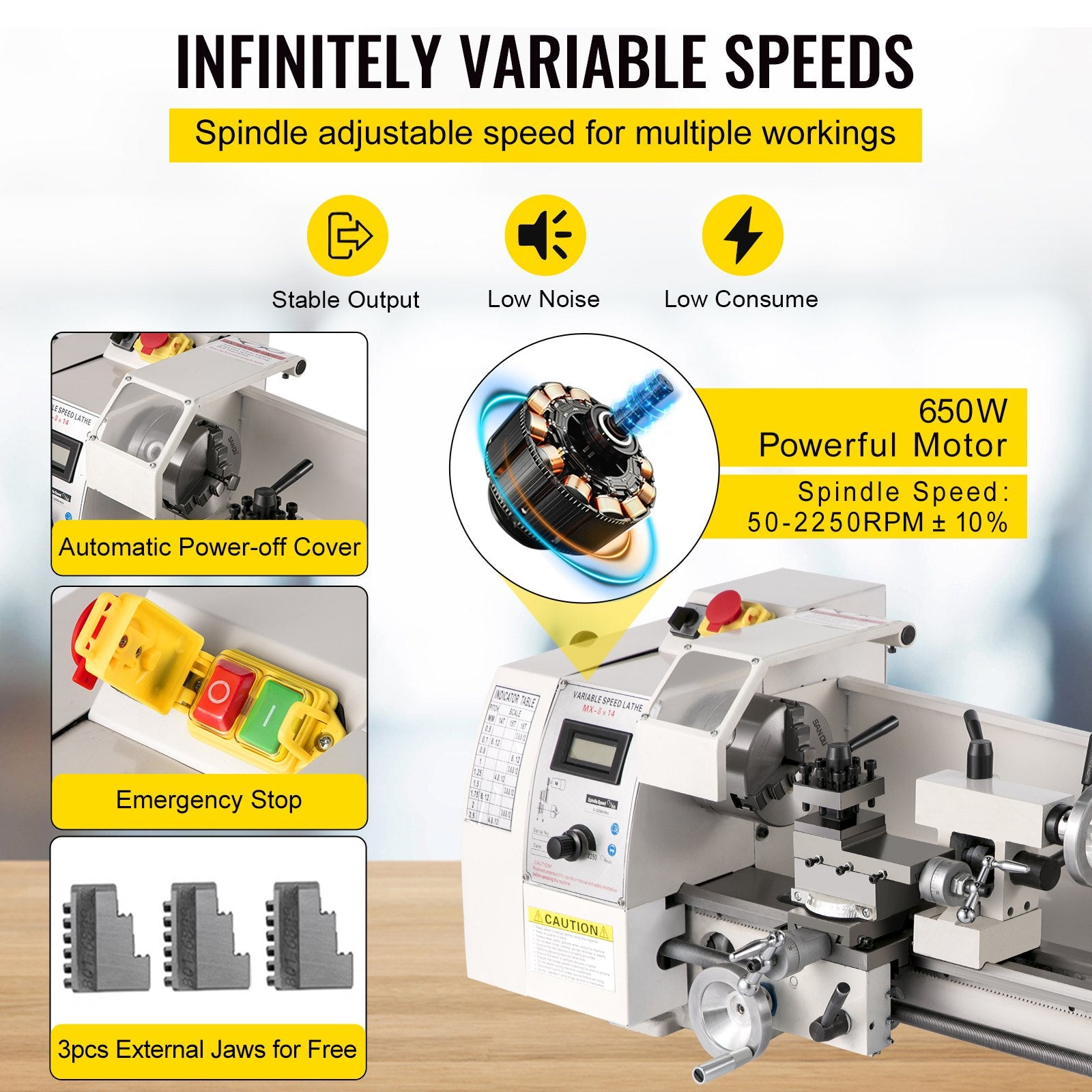 Compact 8"x14" Metal Lathe, 2250 RPM, 650W Power - Precision Tool for Metalworking, Crafting, Adjustable Speed, Cast Iron Build