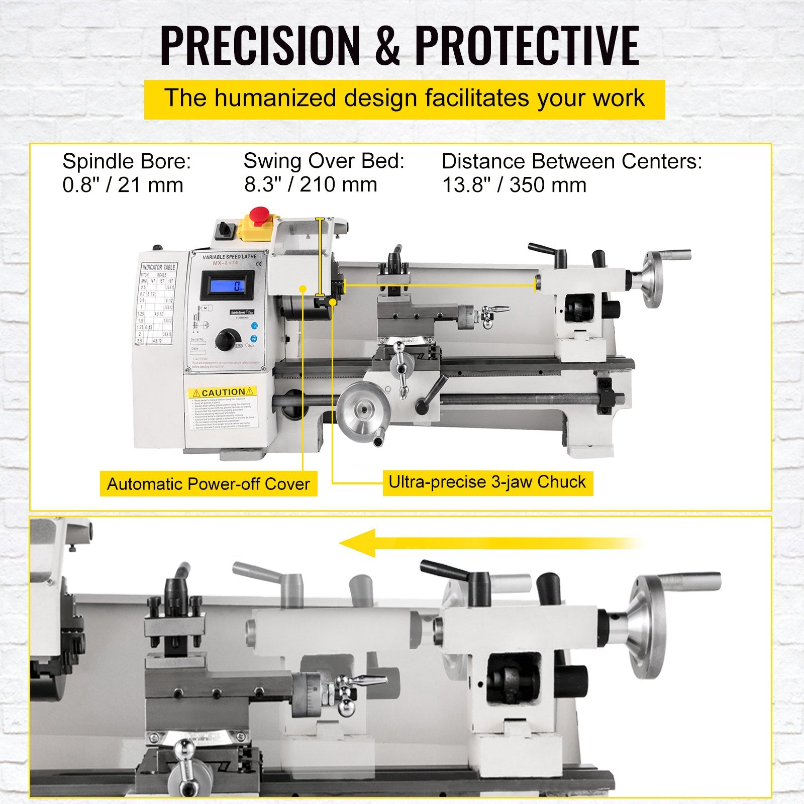 Compact 8"x14" Metal Lathe, 2250 RPM, 650W Power - Precision Tool for Metalworking, Crafting, Adjustable Speed, Cast Iron Build