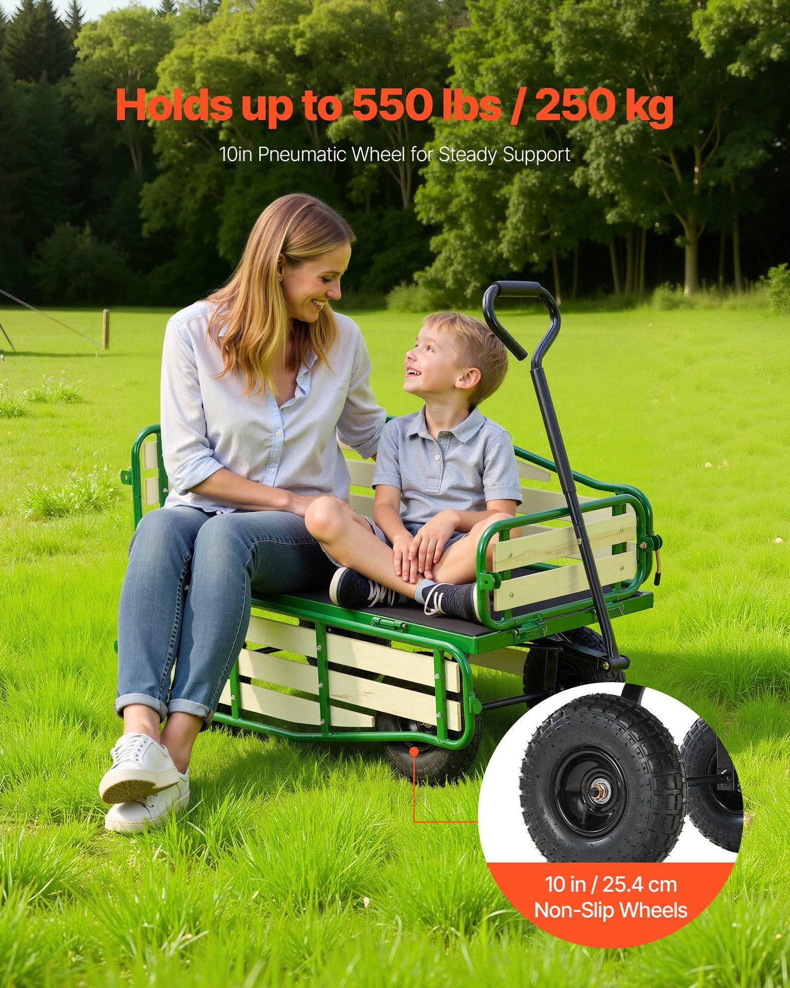 Sturdy Pull-Along Wagon for Kids with 10" All-Terrain Tires, Foldable Wooden Panels, 551 lbs Capacity - Perfect for Gardening, Beach, and Outdoor Adventures