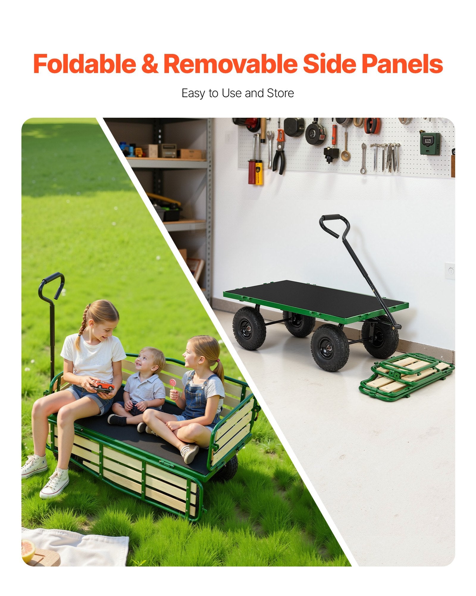 Sturdy Pull-Along Wagon for Kids with 10" All-Terrain Tires, Foldable Wooden Panels, 551 lbs Capacity - Perfect for Gardening, Beach, and Outdoor Adventures