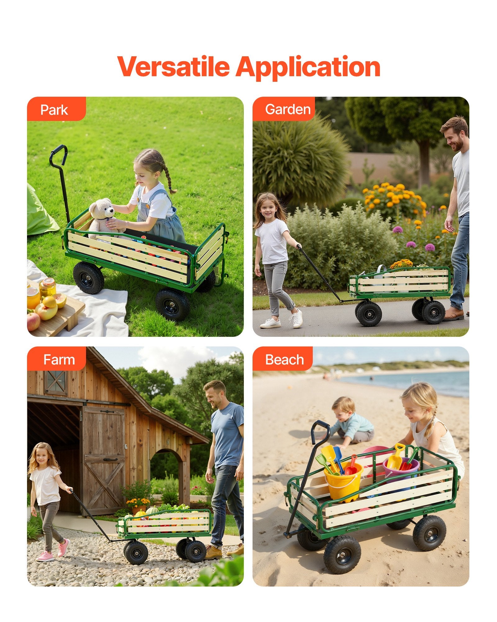 Sturdy Pull-Along Wagon for Kids with 10" All-Terrain Tires, Foldable Wooden Panels, 551 lbs Capacity - Perfect for Gardening, Beach, and Outdoor Adventures