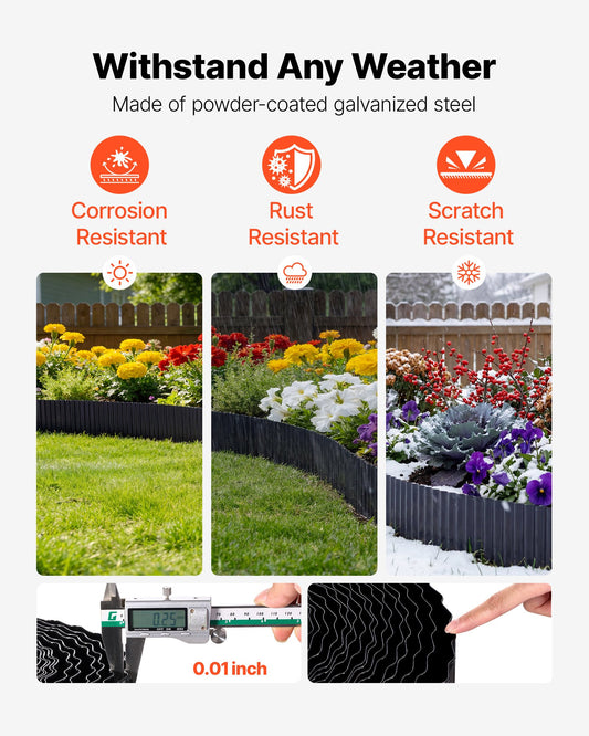 Galvanized Steel Garden Edging, 40 ft x 12 in, Heavy Duty Metal Border for Flower Beds, Pathways, Easy Install, Bendable, with Gloves