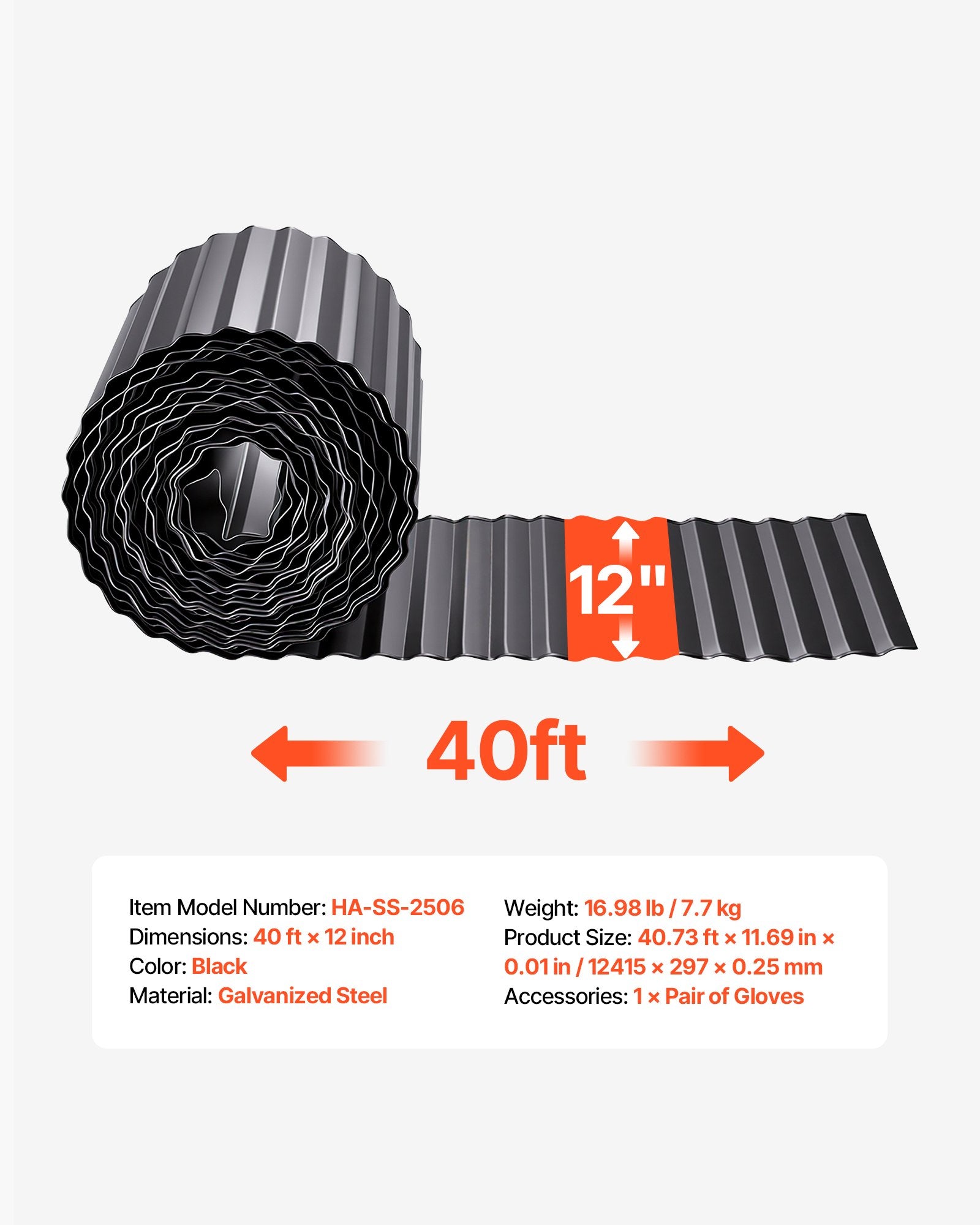 Galvanized Steel Garden Edging, 40 ft x 12 in, Heavy Duty Metal Border for Flower Beds, Pathways, Easy Install, Bendable, with Gloves