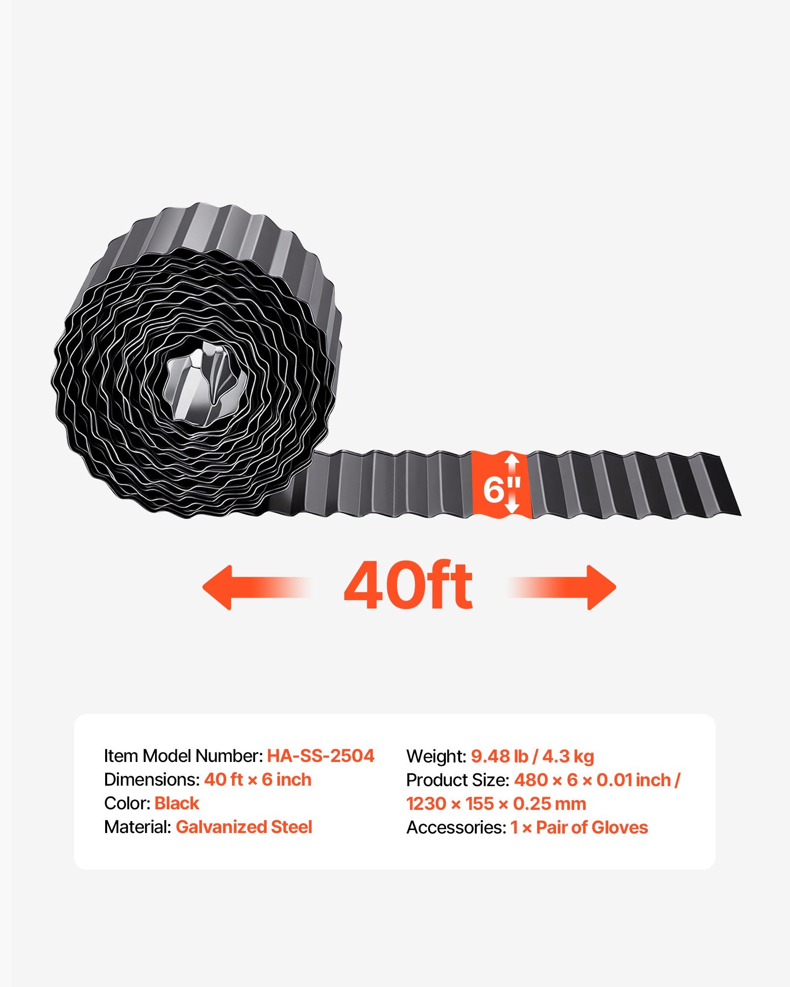 Durable Galvanized Steel Landscape Edging, 40 ft x 6 in - Flexible Metal Strips with Gloves, Perfect for Garden Borders, Flower Beds, and Pathways