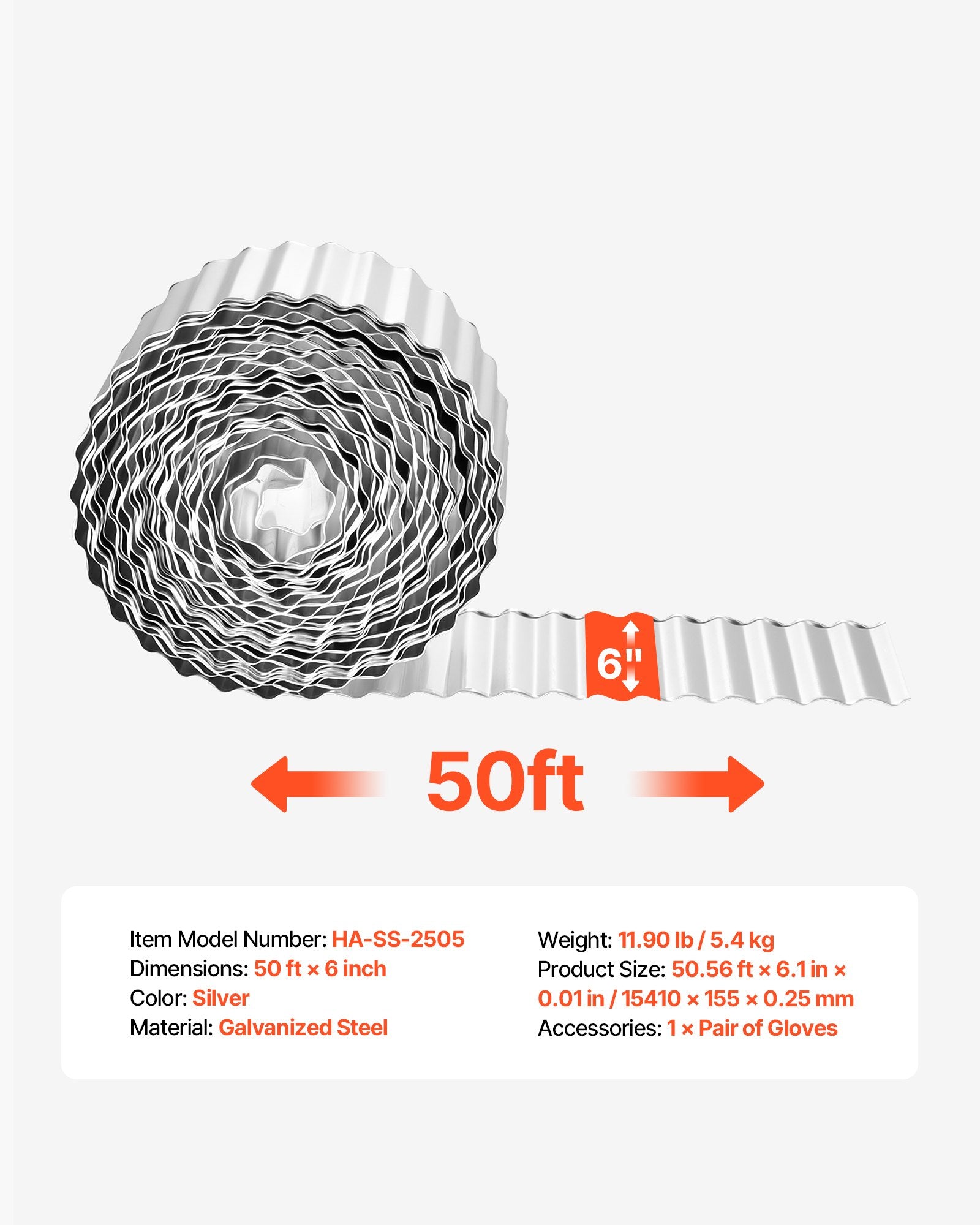 Durable 50 ft x 6 in Galvanized Steel Landscape Edging with Gloves, Easy Bendable Border for Gardens, Flower Beds, Pathways