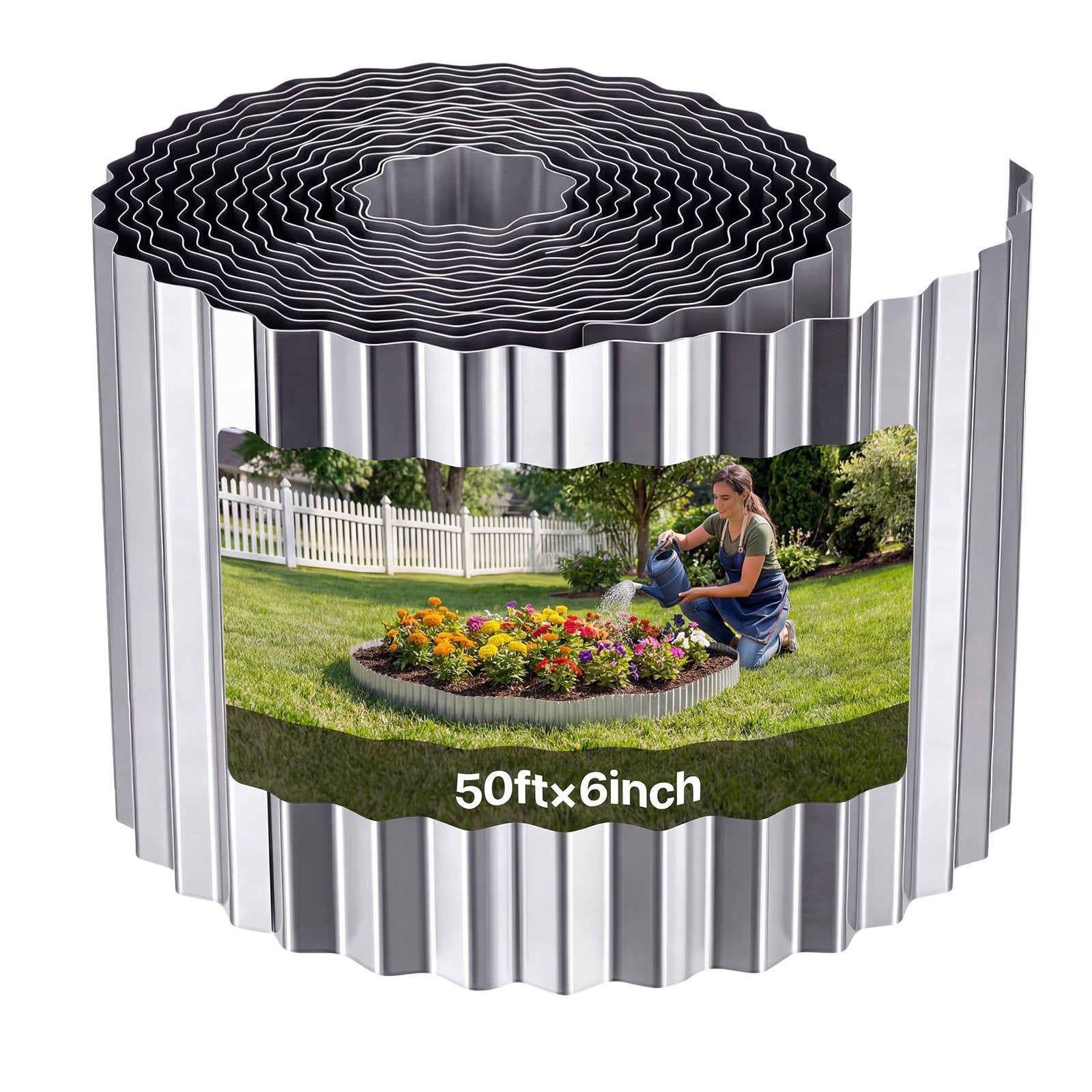 Durable 50 ft x 6 in Galvanized Steel Landscape Edging with Gloves, Easy Bendable Border for Gardens, Flower Beds, Pathways