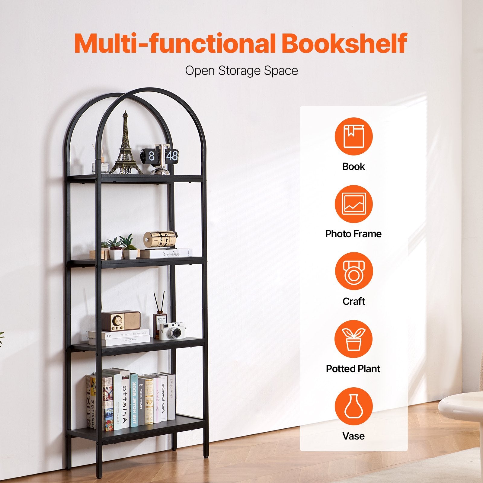 4-Tier Arched Industrial Metal Bookshelf - Rustic Vintage Bookcase with Open Shelves for Living Room, Bedroom, Office Display