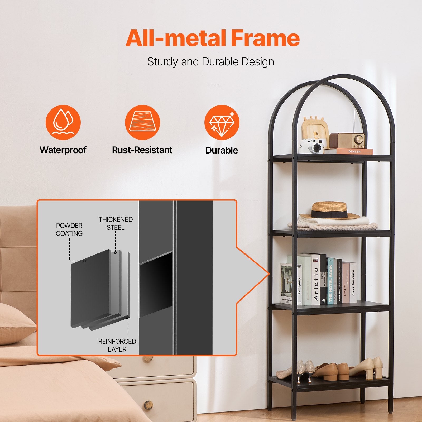 4-Tier Arched Industrial Metal Bookshelf - Rustic Vintage Bookcase with Open Shelves for Living Room, Bedroom, Office Display