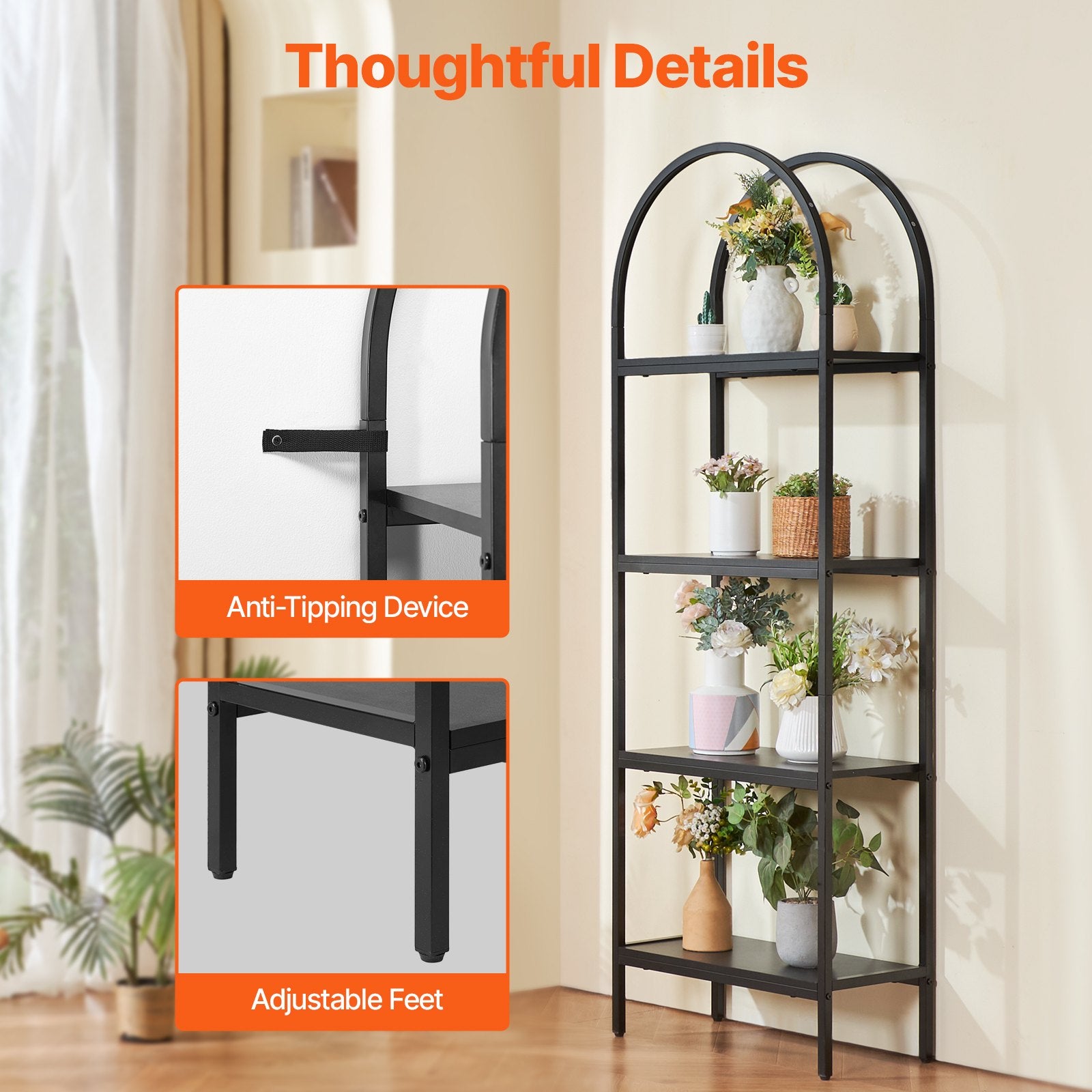 4-Tier Arched Industrial Metal Bookshelf - Rustic Vintage Bookcase with Open Shelves for Living Room, Bedroom, Office Display