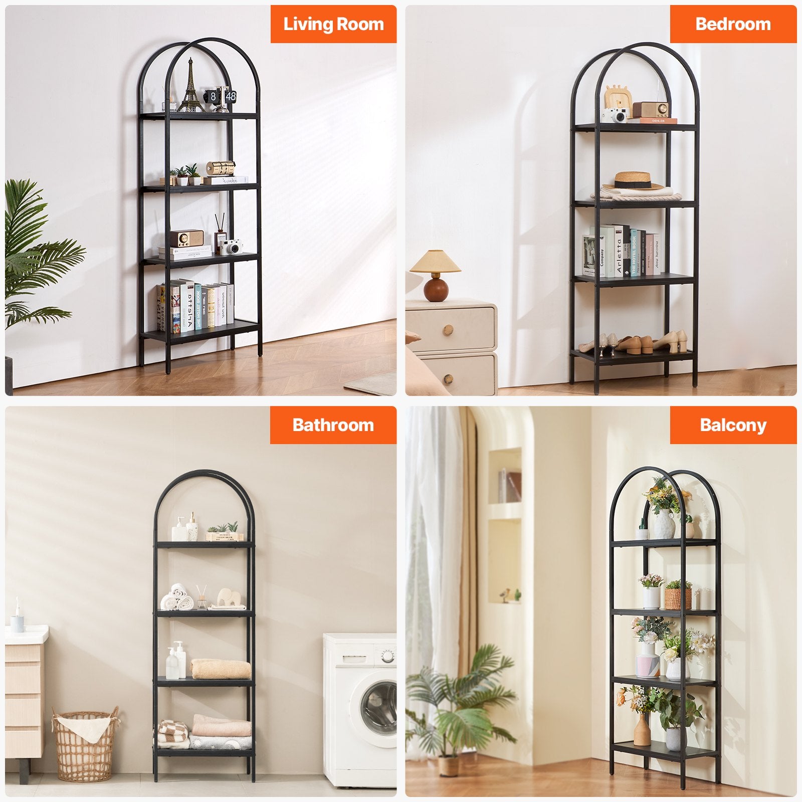 4-Tier Arched Industrial Metal Bookshelf - Rustic Vintage Bookcase with Open Shelves for Living Room, Bedroom, Office Display