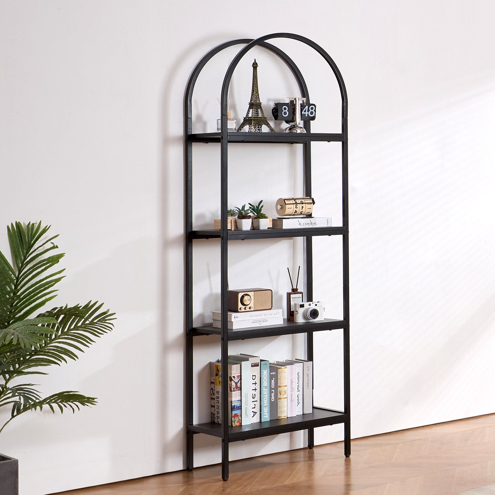 4-Tier Arched Industrial Metal Bookshelf - Rustic Vintage Bookcase with Open Shelves for Living Room, Bedroom, Office Display