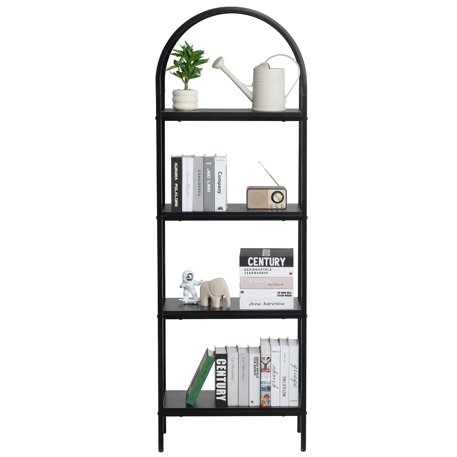 4-Tier Arched Industrial Metal Bookshelf - Rustic Vintage Bookcase with Open Shelves for Living Room, Bedroom, Office Display