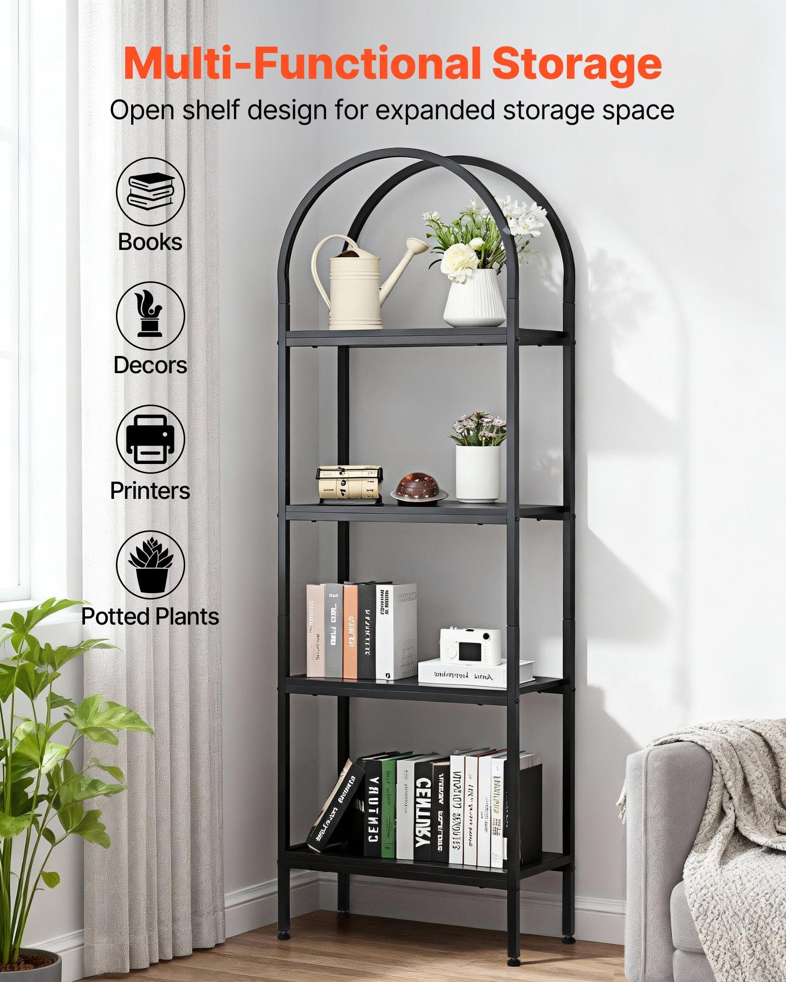 4-Tier Arched Bookshelf with Metal Frame, Industrial Bookcase Organizer, Black Freestanding Display Rack for Home & Office Storage
