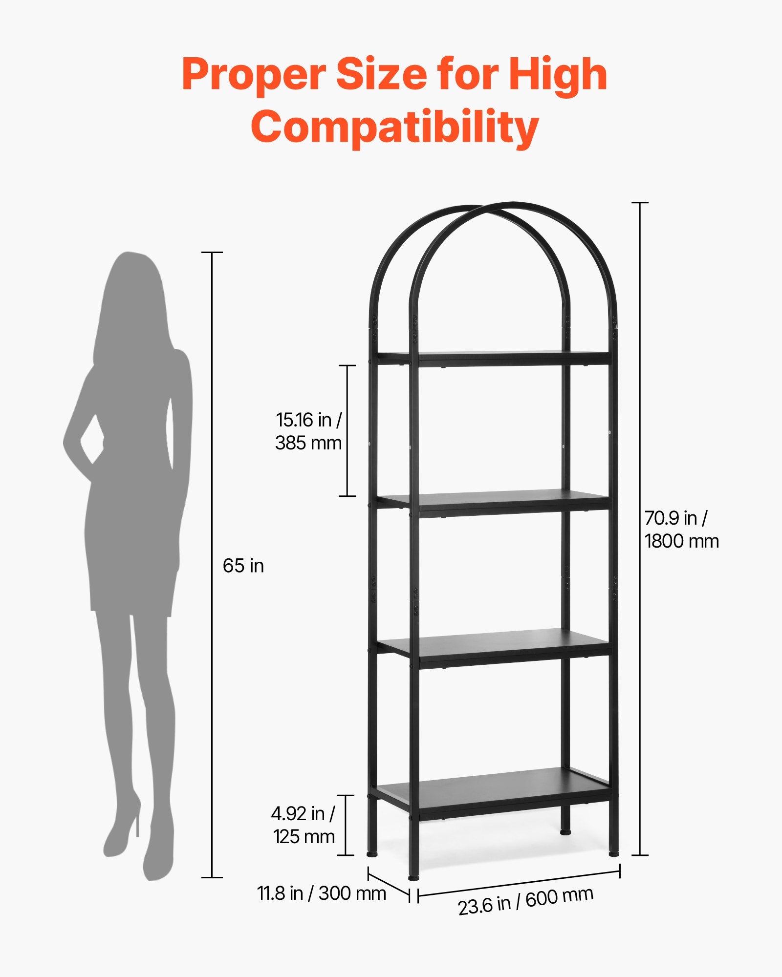 4-Tier Arched Bookshelf with Metal Frame, Industrial Bookcase Organizer, Black Freestanding Display Rack for Home & Office Storage