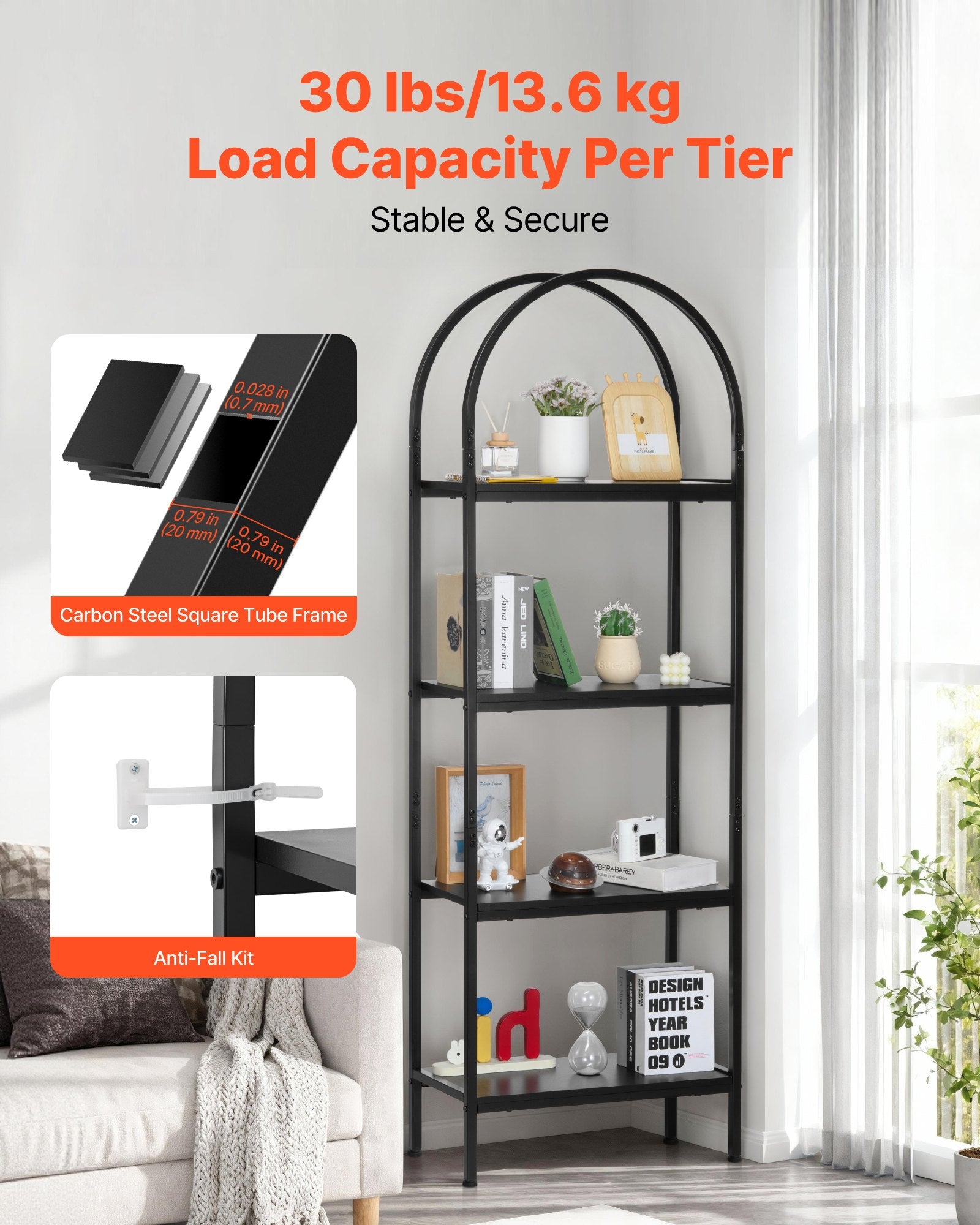 4-Tier Arched Bookshelf with Metal Frame, Industrial Bookcase Organizer, Black Freestanding Display Rack for Home & Office Storage