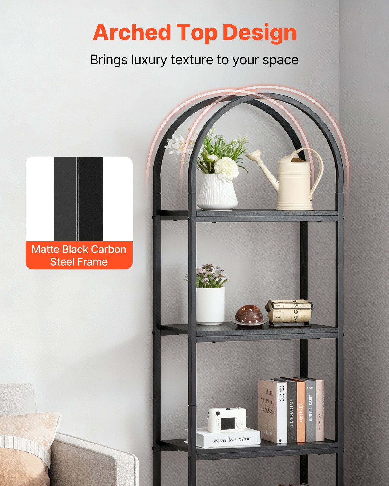 4-Tier Arched Bookshelf with Metal Frame, Industrial Bookcase Organizer, Black Freestanding Display Rack for Home & Office Storage