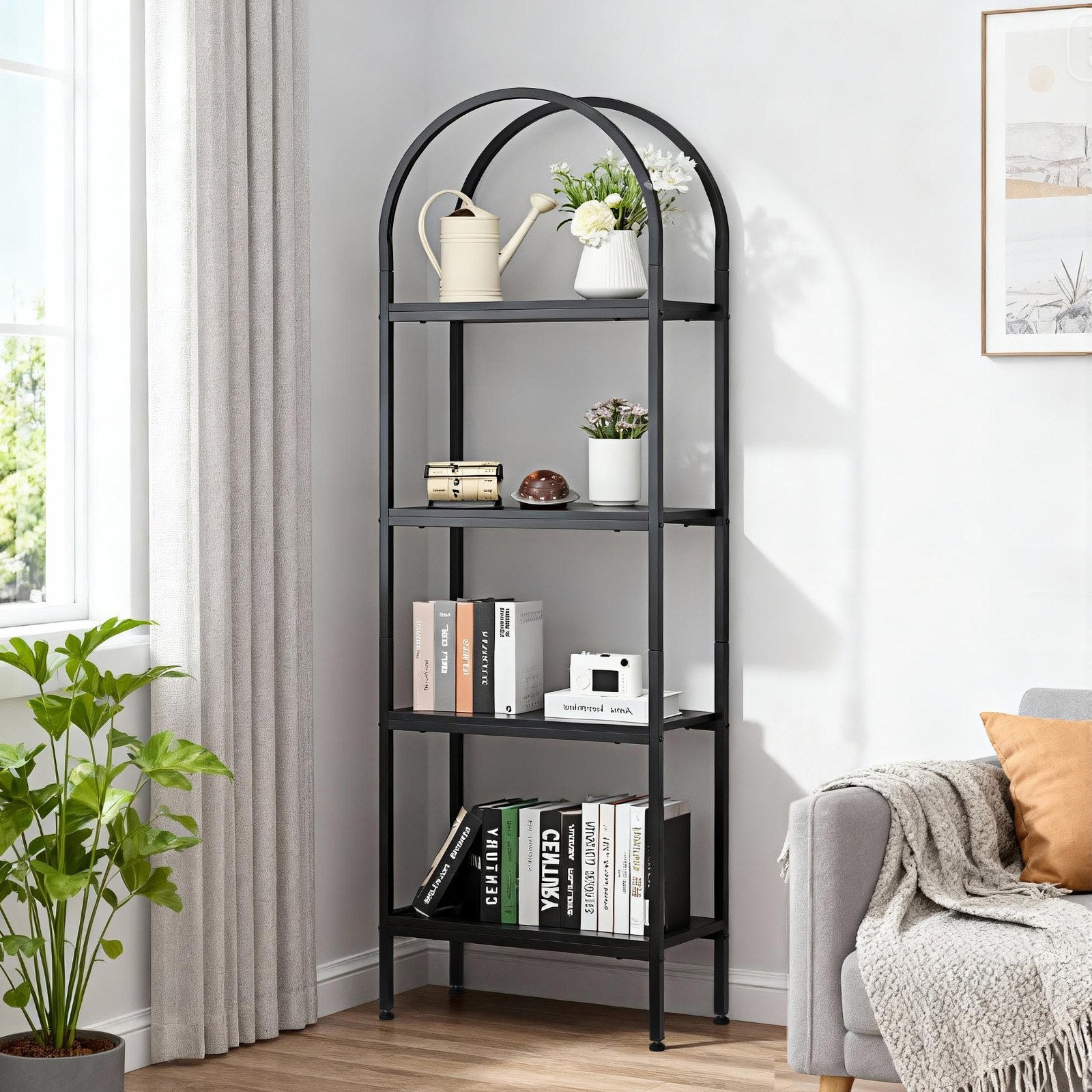 4-Tier Arched Bookshelf with Metal Frame, Industrial Bookcase Organizer, Black Freestanding Display Rack for Home & Office Storage