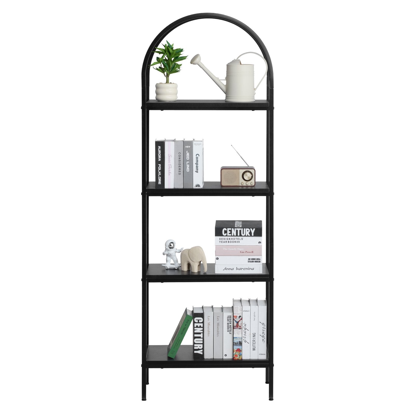 4-Tier Arched Bookshelf with Metal Frame, Industrial Bookcase Organizer, Black Freestanding Display Rack for Home & Office Storage