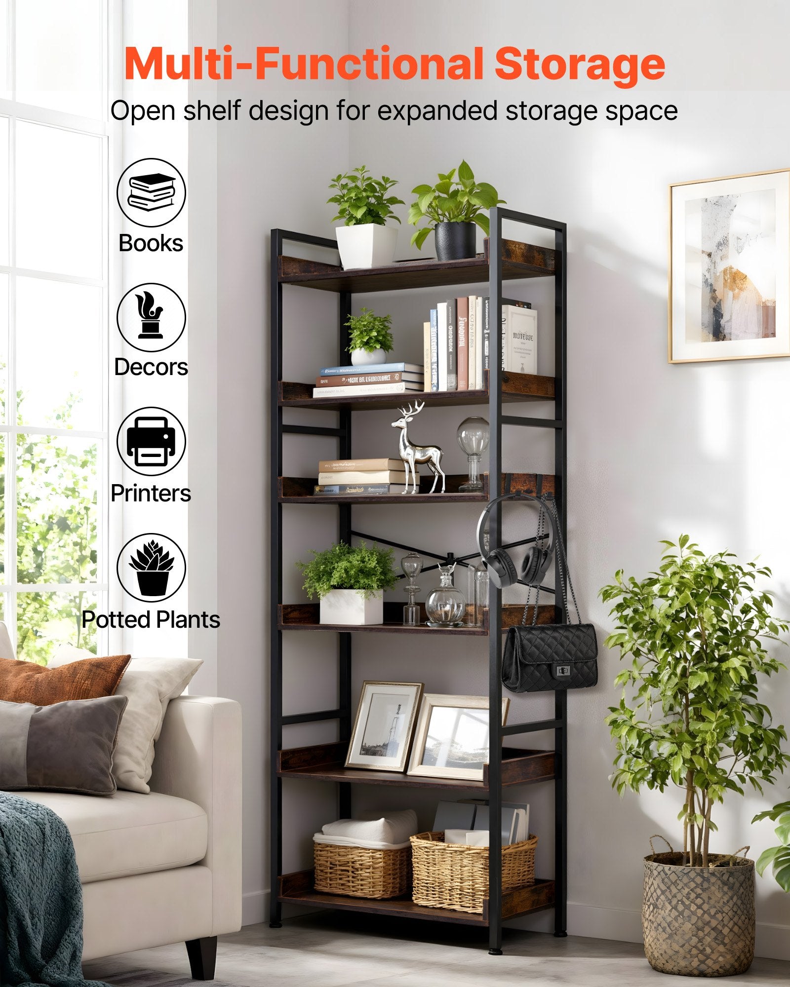 6-Tier Vintage Ladder Bookshelf with Metal Frame, Ideal for Living Room, Bedroom, Kitchen, Home Office - Rustic Brown Book Organizer, Heavy-Duty Open Shelves, Space-Saving Design with Multi-Functional Hooks