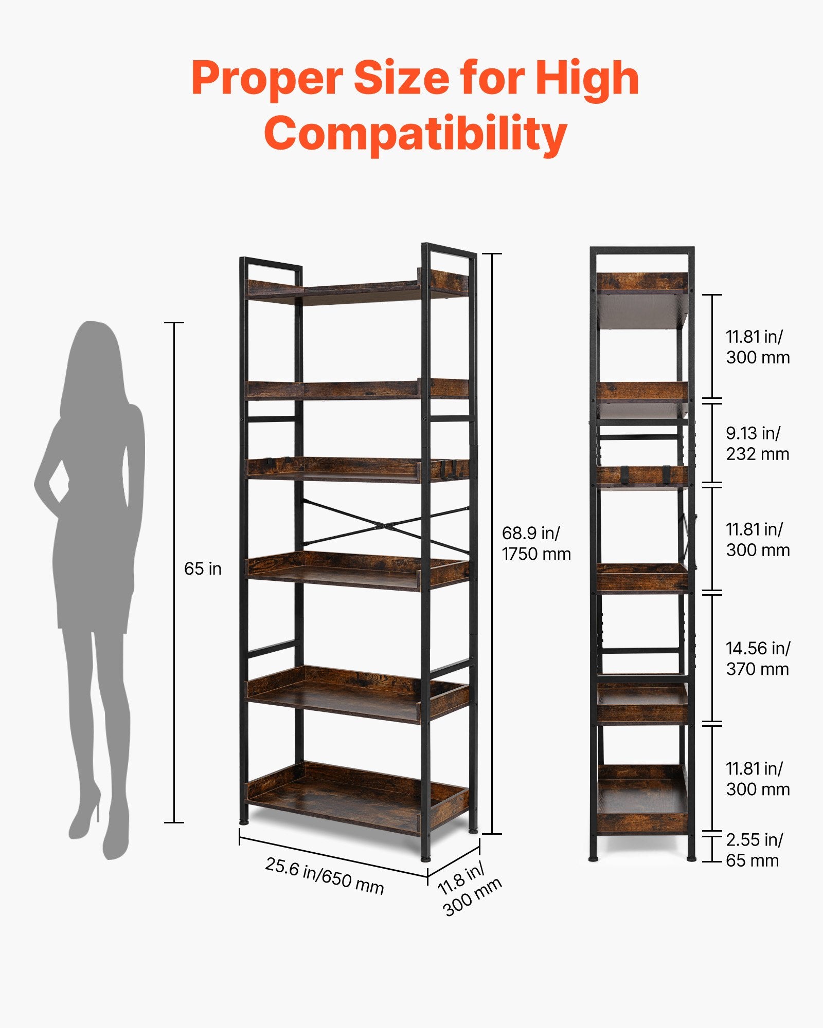 6-Tier Vintage Ladder Bookshelf with Metal Frame, Ideal for Living Room, Bedroom, Kitchen, Home Office - Rustic Brown Book Organizer, Heavy-Duty Open Shelves, Space-Saving Design with Multi-Functional Hooks