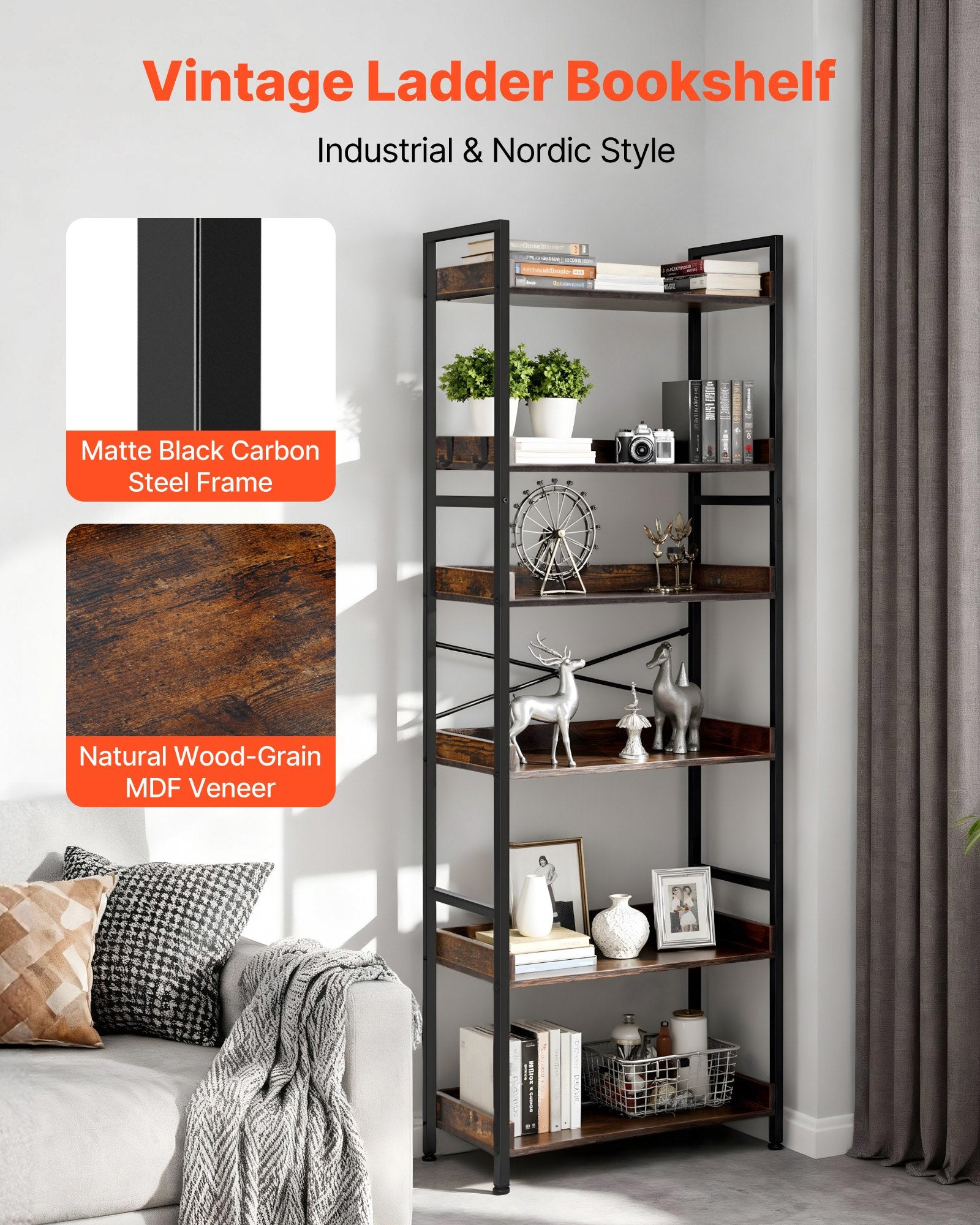 6-Tier Vintage Ladder Bookshelf with Metal Frame, Ideal for Living Room, Bedroom, Kitchen, Home Office - Rustic Brown Book Organizer, Heavy-Duty Open Shelves, Space-Saving Design with Multi-Functional Hooks