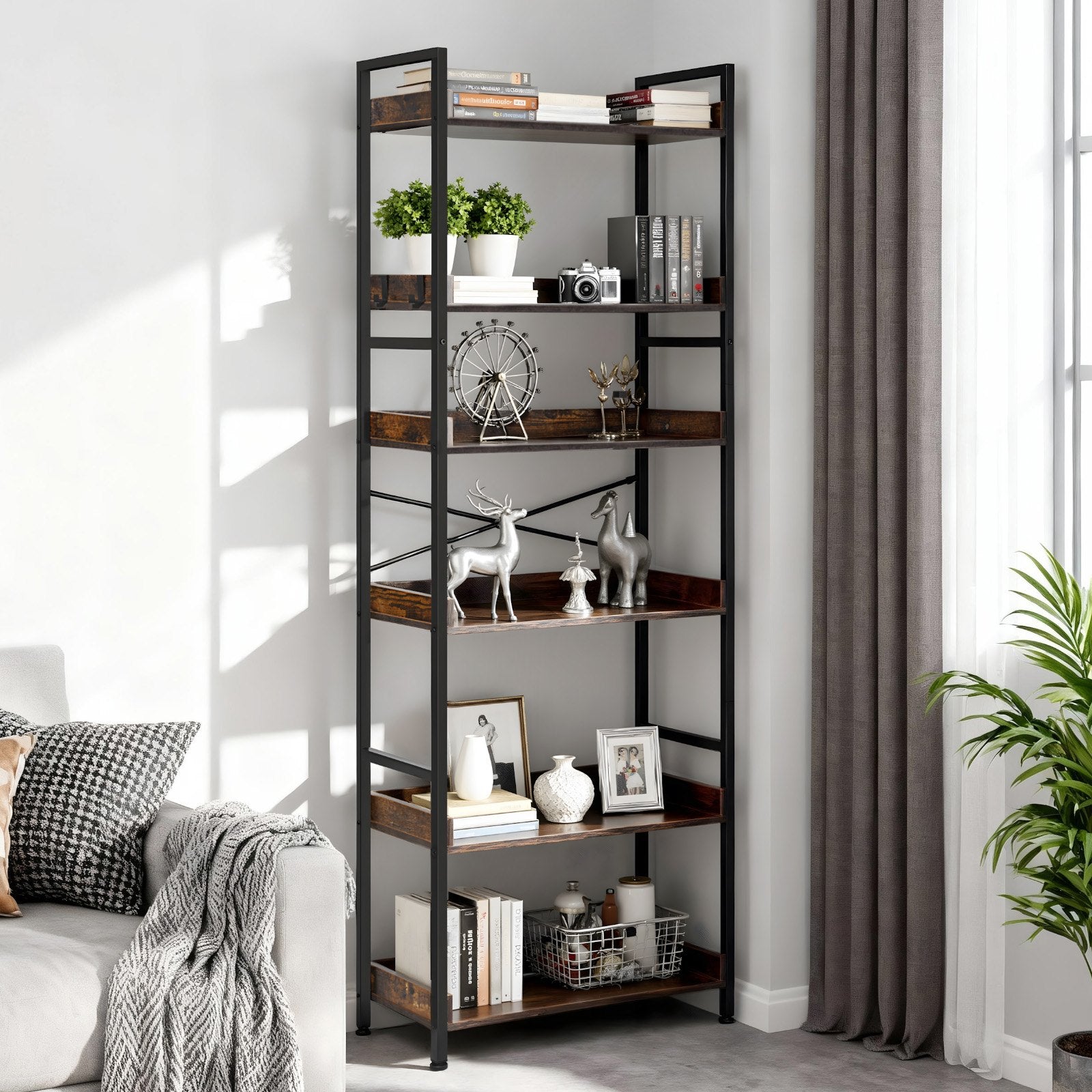 6-Tier Vintage Ladder Bookshelf with Metal Frame, Ideal for Living Room, Bedroom, Kitchen, Home Office - Rustic Brown Book Organizer, Heavy-Duty Open Shelves, Space-Saving Design with Multi-Functional Hooks