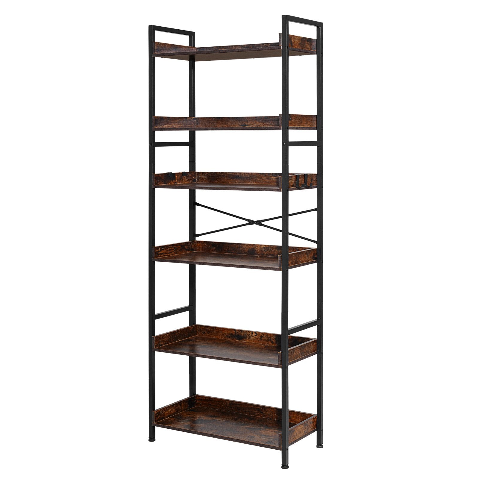 6-Tier Vintage Ladder Bookshelf with Metal Frame, Ideal for Living Room, Bedroom, Kitchen, Home Office - Rustic Brown Book Organizer, Heavy-Duty Open Shelves, Space-Saving Design with Multi-Functional Hooks