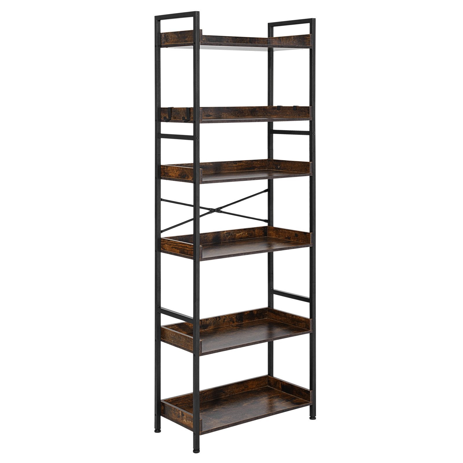 6-Tier Vintage Ladder Bookshelf with Metal Frame, Ideal for Living Room, Bedroom, Kitchen, Home Office - Rustic Brown Book Organizer, Heavy-Duty Open Shelves, Space-Saving Design with Multi-Functional Hooks