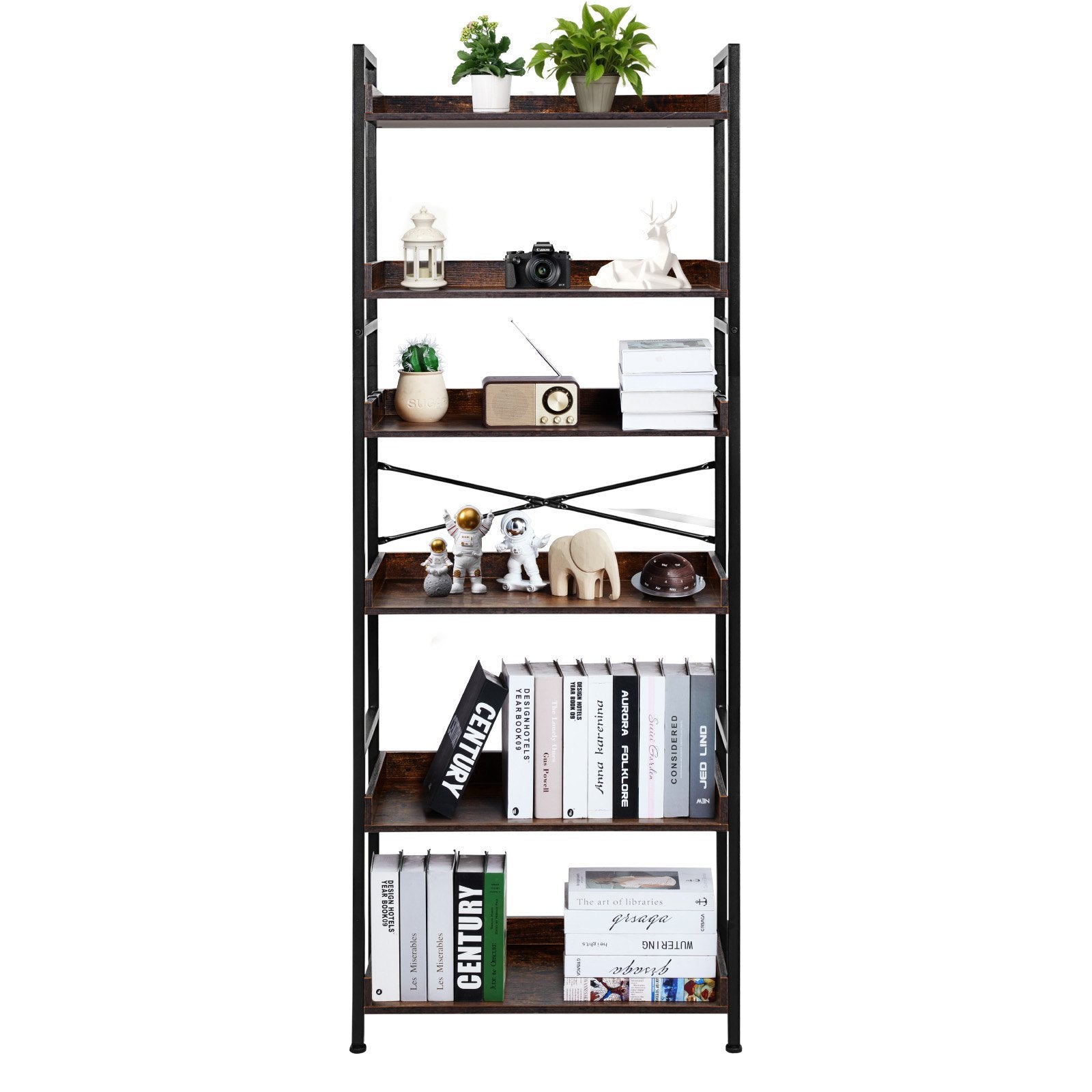 6-Tier Vintage Ladder Bookshelf with Metal Frame, Ideal for Living Room, Bedroom, Kitchen, Home Office - Rustic Brown Book Organizer, Heavy-Duty Open Shelves, Space-Saving Design with Multi-Functional Hooks